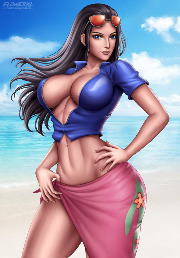 1girls, big breasts, black hair, black-haired female, breasts, cleavage, female, female only, flowerxl, large breasts, looking at viewer, nico robin, one piece, pinup, sarong, solo, sunglasses