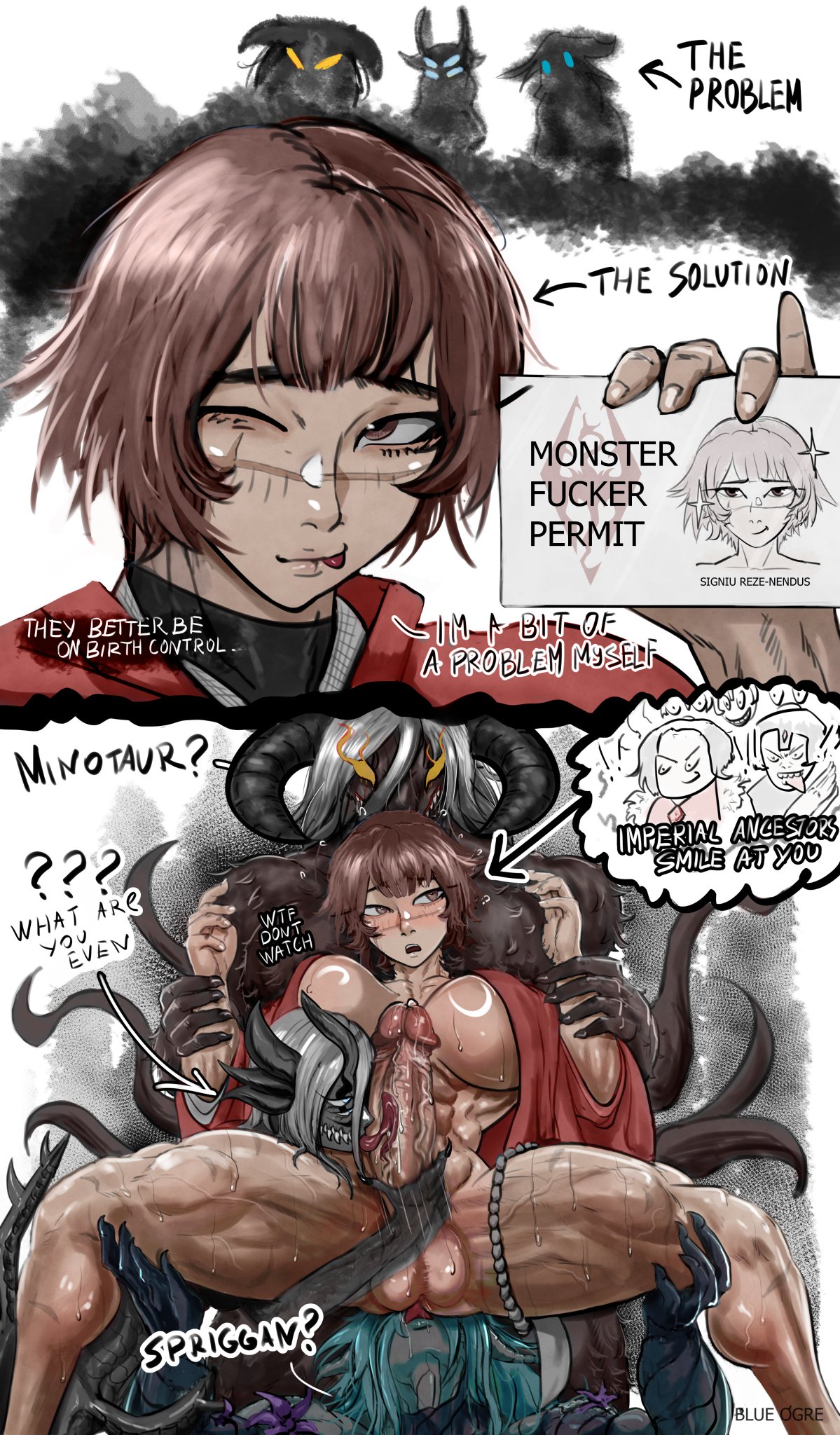 1futa, 3girls, blue ogre (artist), female, futa on female, futanari, intersex, minotaur female, monster, monster fucker, monster fucker permit, monster girl, muscular, muscular futa, original character, the elder scrolls