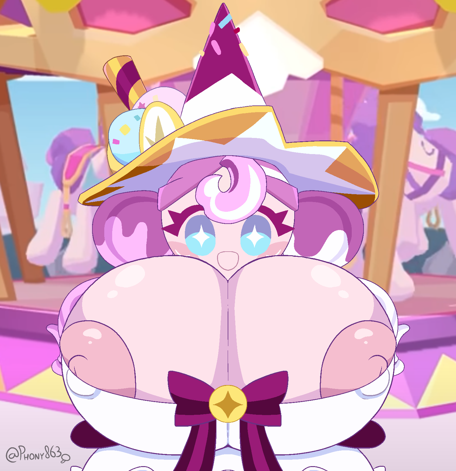 :d, big breasts, big nipples, breasts, breasts bigger than head, cookie run, cookie run: tower of adventures, cute, female, ice cream, ice cream girl, phony863 (artist), purple hair, solo, solo female, sundae cookie, twintails, witch hat
