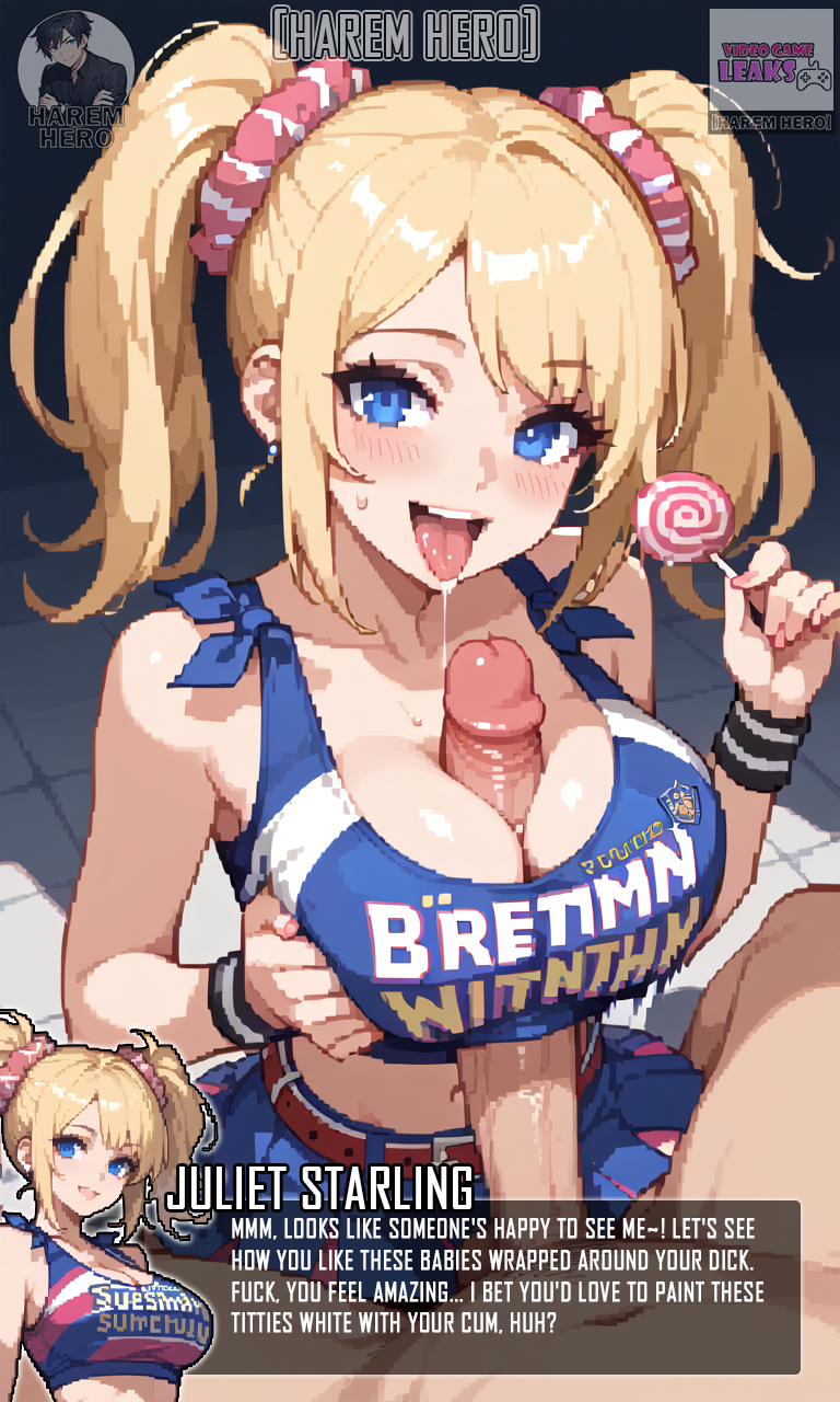1boy, 1girls, ai art, ai generated, big breasts, blowjob, breasts, casting couch, cum, cum in pussy, cum inside, cum on breasts, cum on face, english text, fellatio, female, full nelson, harem hero oc, juliet starling, leg lift, lollipop chainsaw, male, missionary position, nipples, original character, paizuri, penis, pov, pussy, sideways standing congress, text, the harem hero, titjob, vaginal penetration