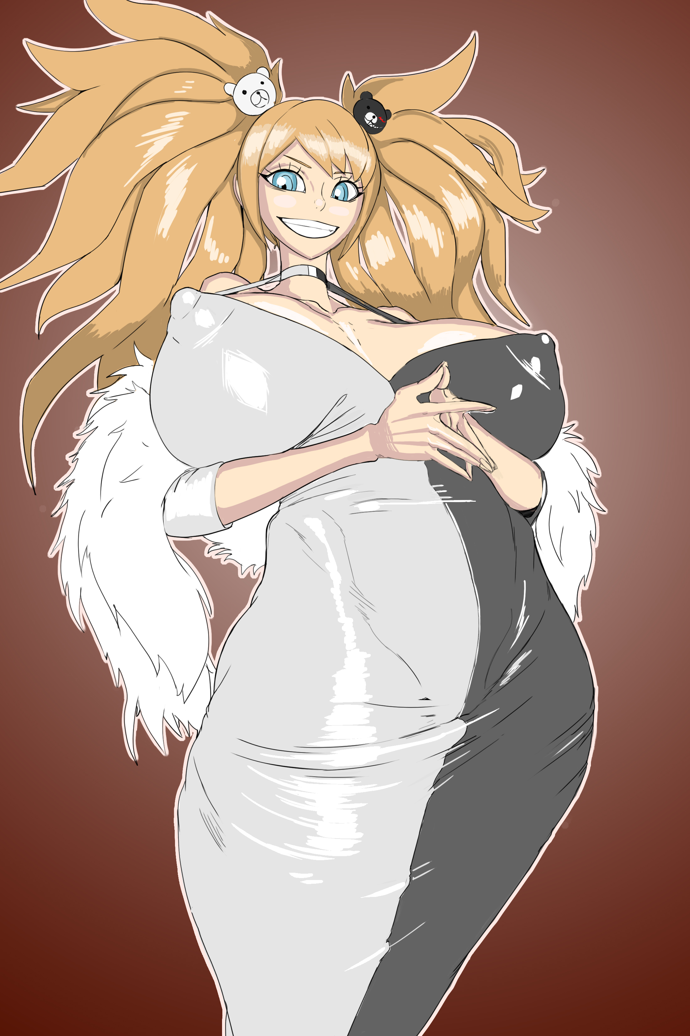 1girls, anythinggoes, big breasts, black and white clothing, blonde female, blonde hair, breasts, breasts bigger than head, clothed, clothed female, clothing, danganronpa, danganronpa: trigger happy havoc, dress, erect nipples, evening gown, female, female only, junko enoshima, nipple bulge, nipples, no bra, smile, smiling, solo, solo female, that one random junko dress trend, thighs