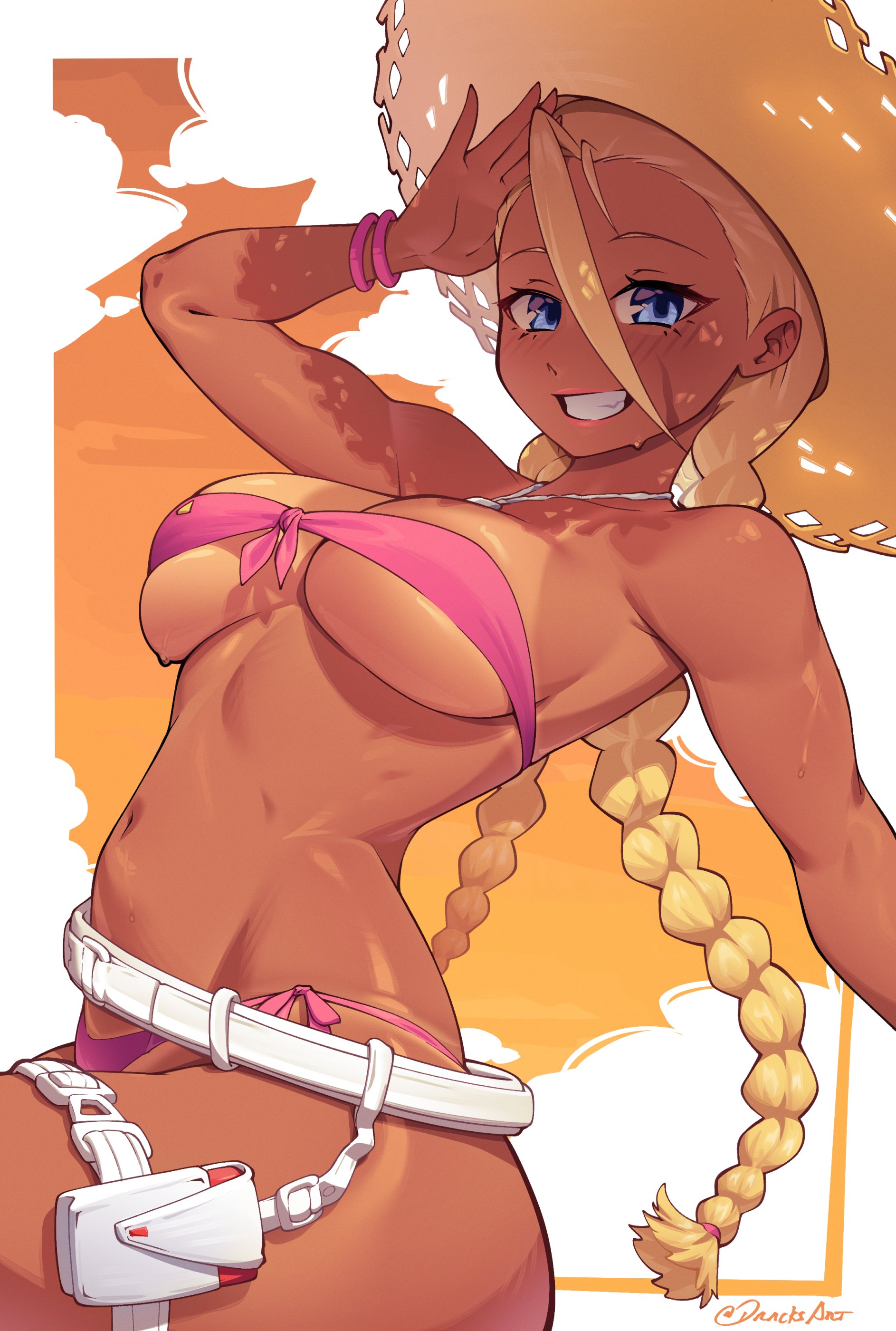 abs, athletic female, belt, bikini, blonde hair, blue eyes, braided hair, breasts, cammy white, capcom, dracksart, female, female only, fit female, large breasts, long hair, street fighter, street fighter 6, sunhat, tan skin, tanned skin, twin braids