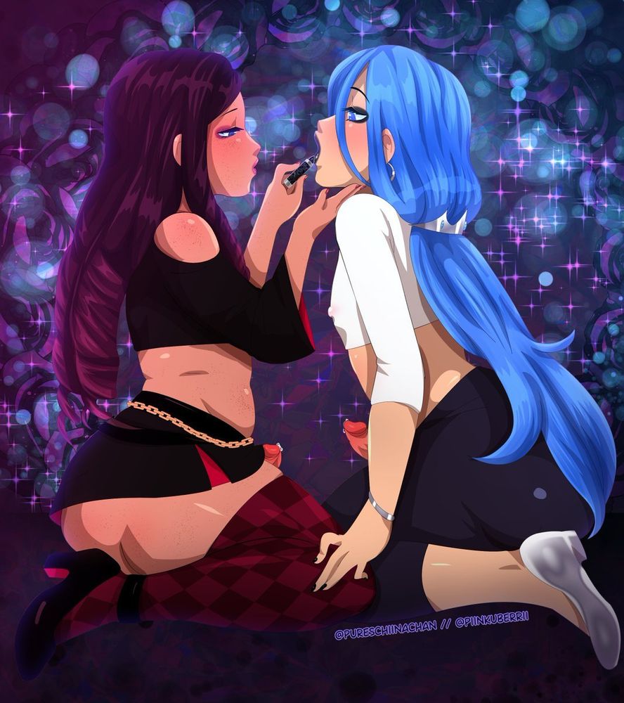 2boys, 2d, 2femboys, applying lipstick, applying makeup, artist name, bare shoulders, big ass, black lipstick, black nail polish, black nails, blue hair, blush, bracelet, clothed, clothed male, color, crossdressing, cyan (pureschiinachan), drill hair, earrings, eyeliner, femboy, femboy only, feminization, flats (shoes), full color, heeled shoes, heels, high heels, long hair, male, male only, muscular, nipple bulge, no sex, original, original character, original characters, penis, penis out, penis piercing, pink lipstick, prince albert piercing, pureschiinachan, purple hair, rosen (pureschiinachan), shoes, slightly chubby, slightly chubby femboy, slightly muscular male, stomach bulge, thick thighs, thighhighs, very long hair, zettai ryouiki