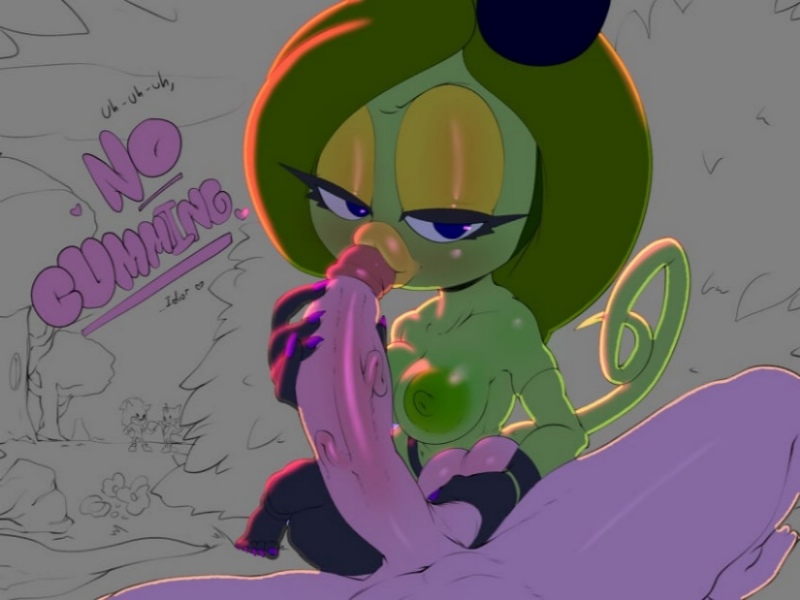 blue eyes, blush, breasts, colored skin, disembodied penis, fellatio, female, green hair, handjob, male, medium breasts, nipples, oral, orgasm denial, penis, small breasts, sonic (series), sonic the hedgehog (series), straight, theboogie, tip sucking, zeena, zeti (species)