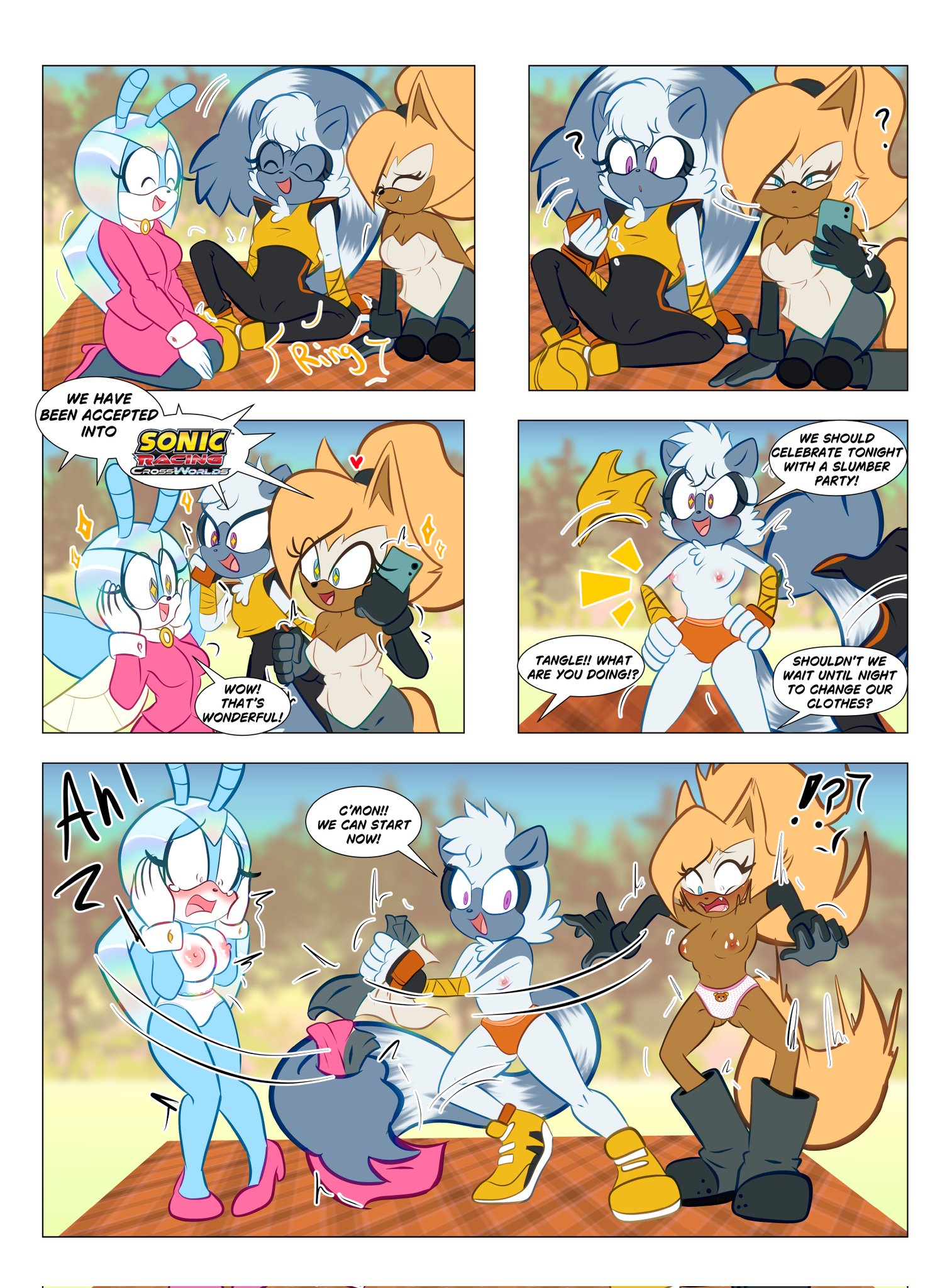 3girls, ass, breasts, demichan, embarrassed, euf, female, idw publishing, jewel the beetle, panties, print panties, sega, sonic (series), sonic racing crossworlds, sonic the hedgehog (comics), sonic the hedgehog (idw), sonic the hedgehog (series), tagme, tangle the lemur, topless, whisper the wolf
