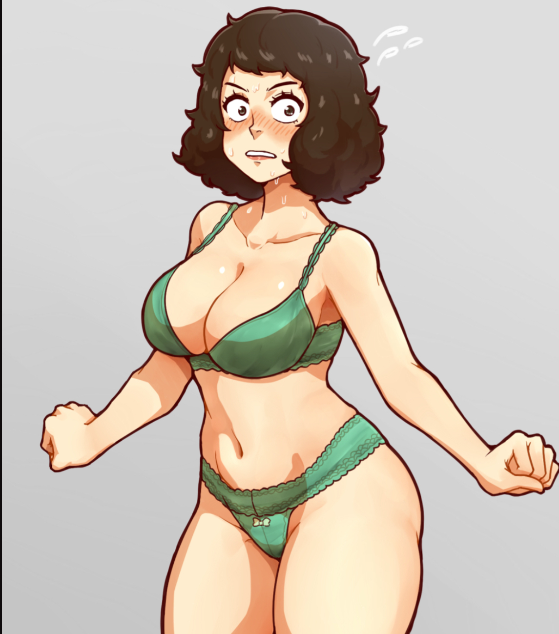 1girls, blush, bra, breasts, brown eyes, brown hair, cleavage, embarrassed, female, malmind, navel, nervous, panties, persona, persona 5, sadayo kawakami, solo, thick thighs, underwear