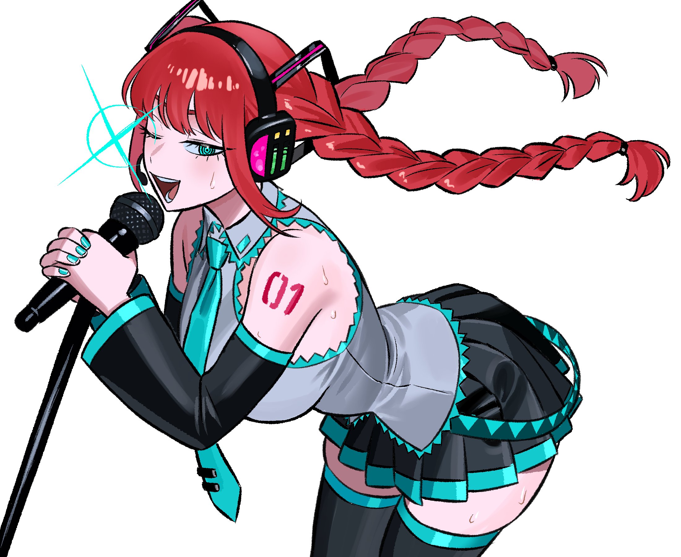 alternate eye color, aqua eyes, aqua nails, aqua necktie, aqua trim, black skirt, black sleeves, black thighhighs, blunt bangs, braid, breasts, chainsaw man, cosplay, detached sleeves, female, female only, grey shirt, hair ornament, hatsune miku (cosplay), headphones, headset, highres, holding, holding microphone, large breasts, leaning forward, long hair, makima (chainsaw man), microphone, microphone stand, miniskirt, music, necktie, number tattoo, one eye closed, open mouth, pleated skirt, red hair, ringed eyes, shirt, simple background, singing, skindentation, skirt, sleeveless, sleeveless shirt, solo, sweat, tattoo, thighhighs, tie clip, twin braids, vocaloid, white background, zeon (zzeeonn), zettai ryouiki