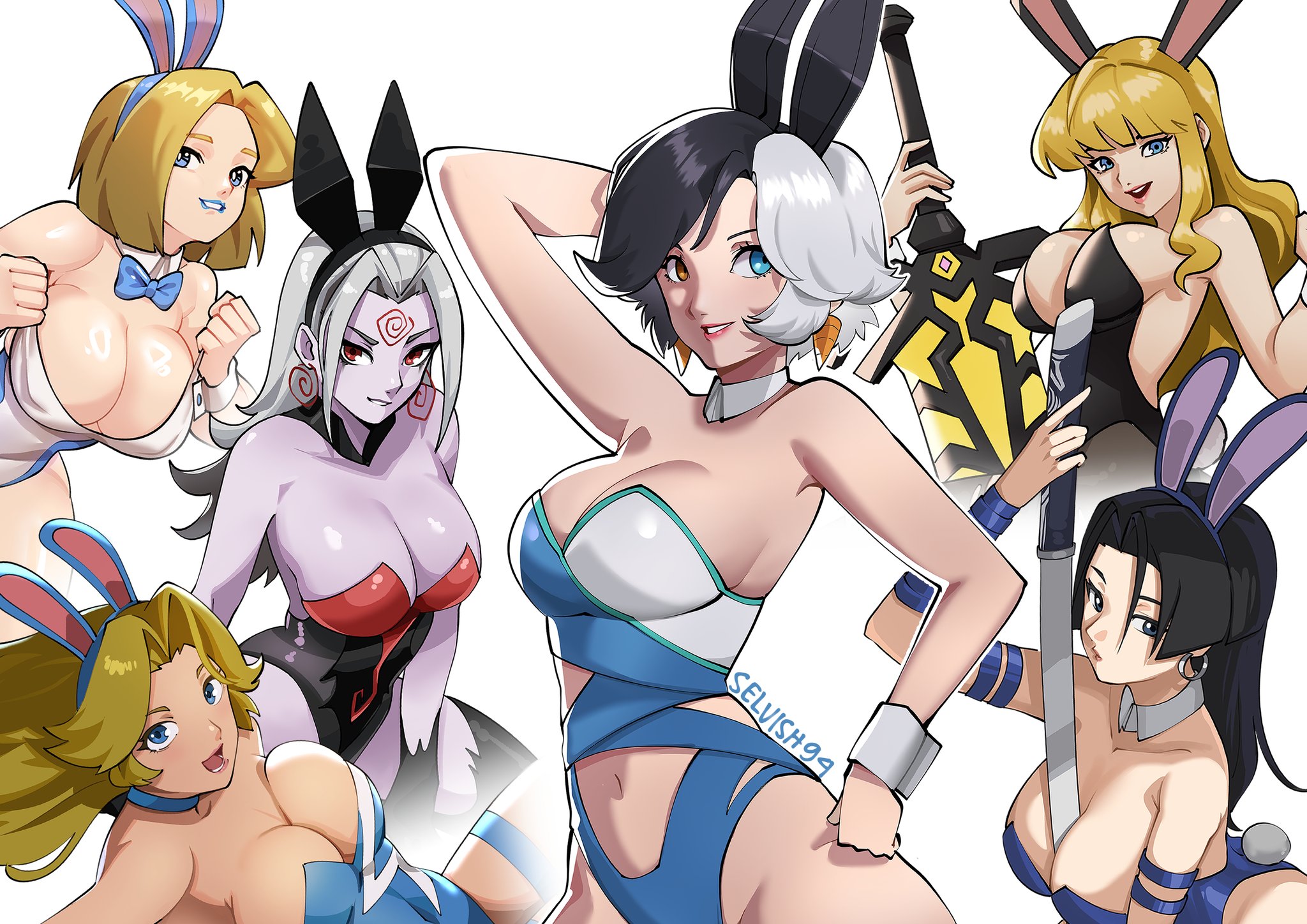 6girls, big ass, big breasts, blonde hair, breasts, bunny ears, bunnysuit, cleavage, cute, emma frost, emma frost (marvel rivals), female, female only, hela, hela (marvel rivals), invisible woman, invisible woman (marvel rivals), luna snow, luna snow (marvel rivals), magik (illyana rasputin), magik (marvel rivals), marvel, marvel comics, marvel rivals, psylocke, psylocke (sai) (vengeance), selvish94, smile, sue storm, thick thighs