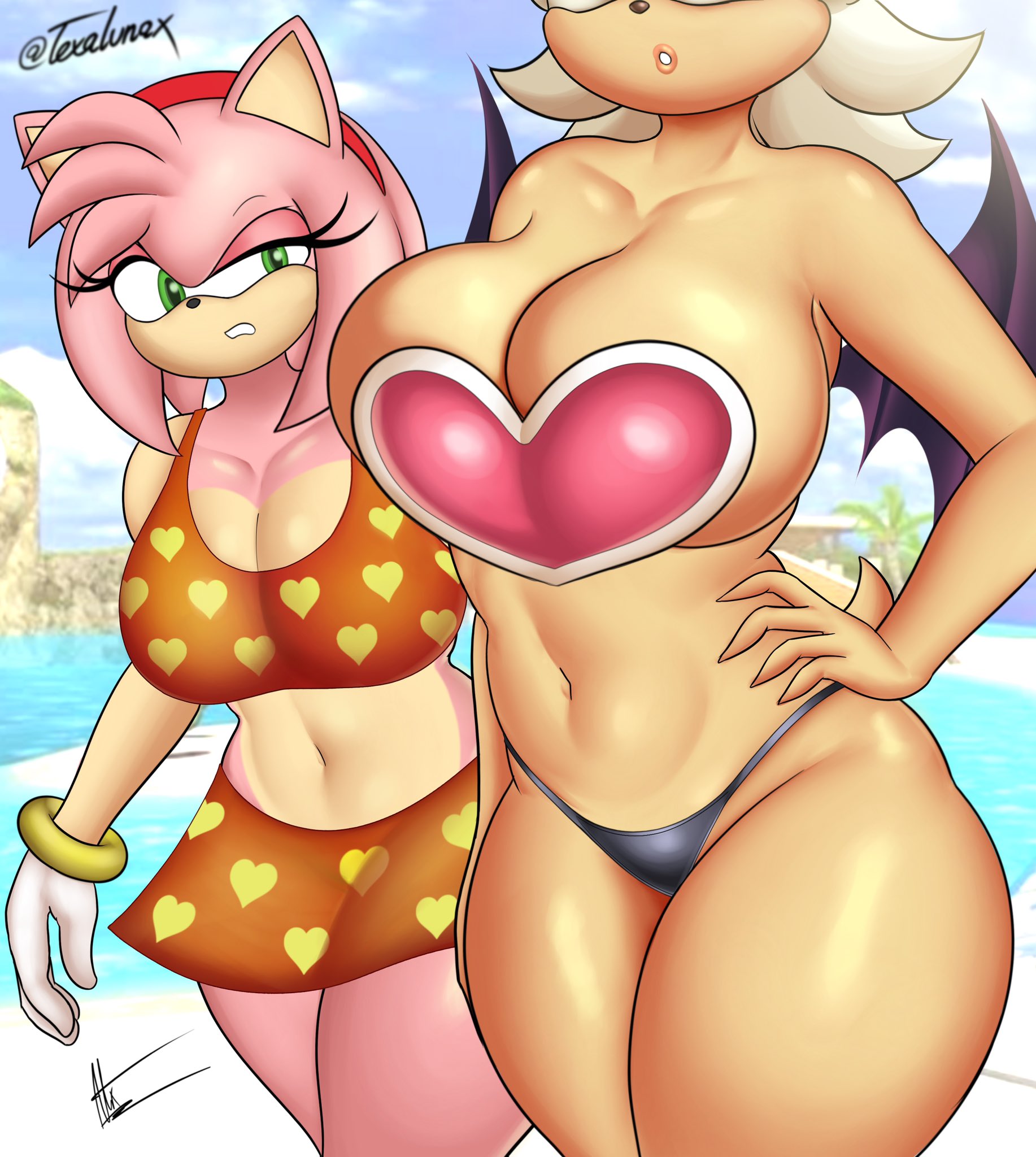 accessory, amy rose, annoyed, anthro, bat, bat wings, big breasts, black clothing, black nose, black swimwear, bracelet, breast envy, breasts, cleavage, clothed, clothing, duo, eulipotyphlan, eyelashes, female, front view, fur, gloves, green eyes, hair, hair accessory, hairband, hand on hip, handwear, head tuft, hedgehog, hi res, huge breasts, jealous, jewelry, mammal, membrane (anatomy), membranous wings, navel, nsfwtalex, pattern clothing, pattern swimwear, pink body, pink fur, pink hair, purple wings, red clothing, red swimwear, rouge the bat, sega, short hair, sonic (series), sonic the hedgehog (series), swimwear, tan body, tan fur, telaxart, texalunax, thick thighs, tuft, white body, white clothing, white fur, white gloves, white handwear, wide hips, wings
