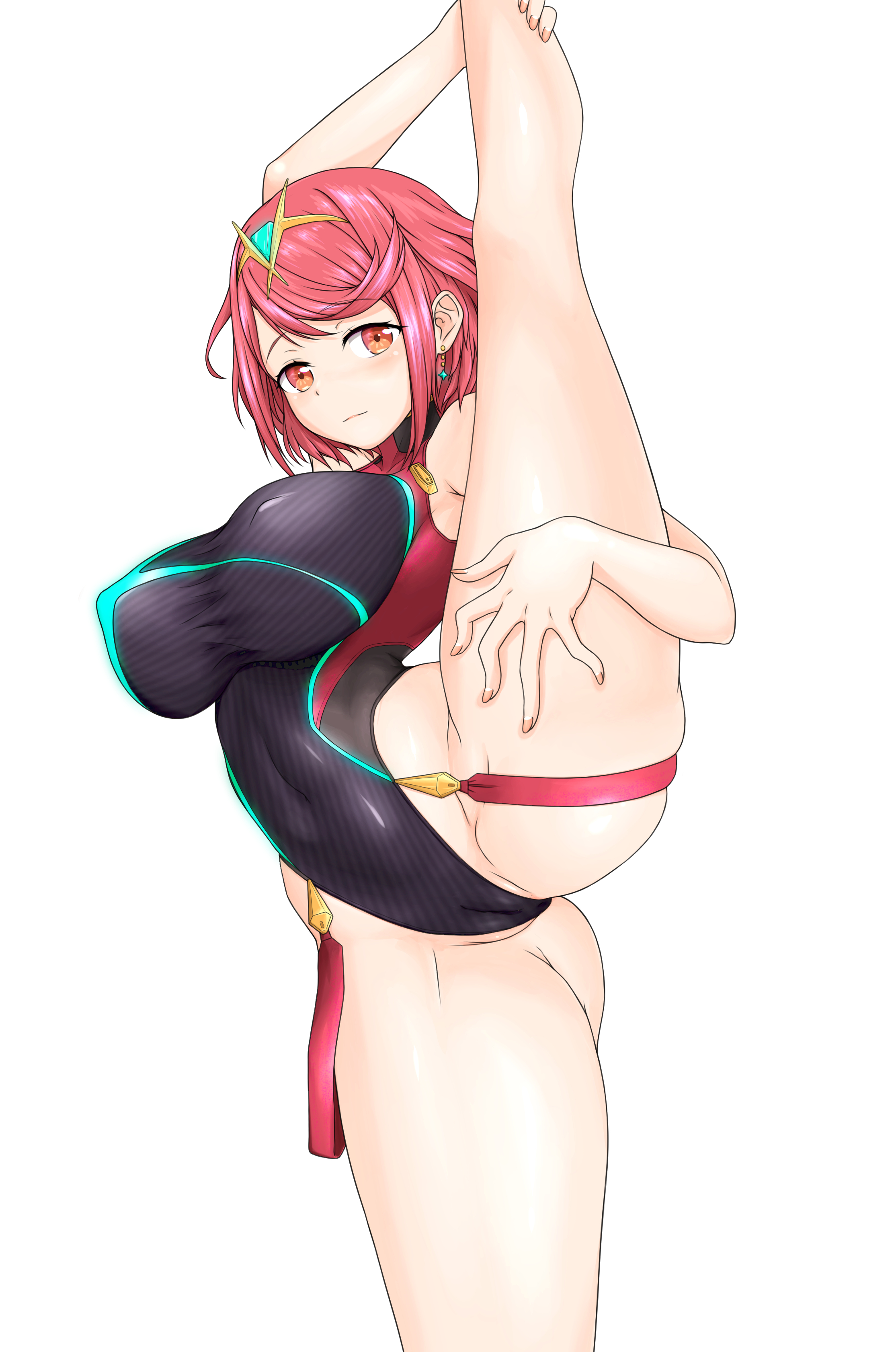 1girls, absurdres, breasts, cameltoe, chest jewel, competition swimsuit, feichu keju, female, female only, highres, large breasts, one-piece swimsuit, paid reward available, pyra, pyra (pro swimmer) (xenoblade), pyra (xenoblade), red eyes, red hair, short hair, simple background, solo, split, standing, standing on one leg, standing split, swept bangs, swimsuit, vertical splits, white background, xenoblade chronicles (series), xenoblade chronicles 2