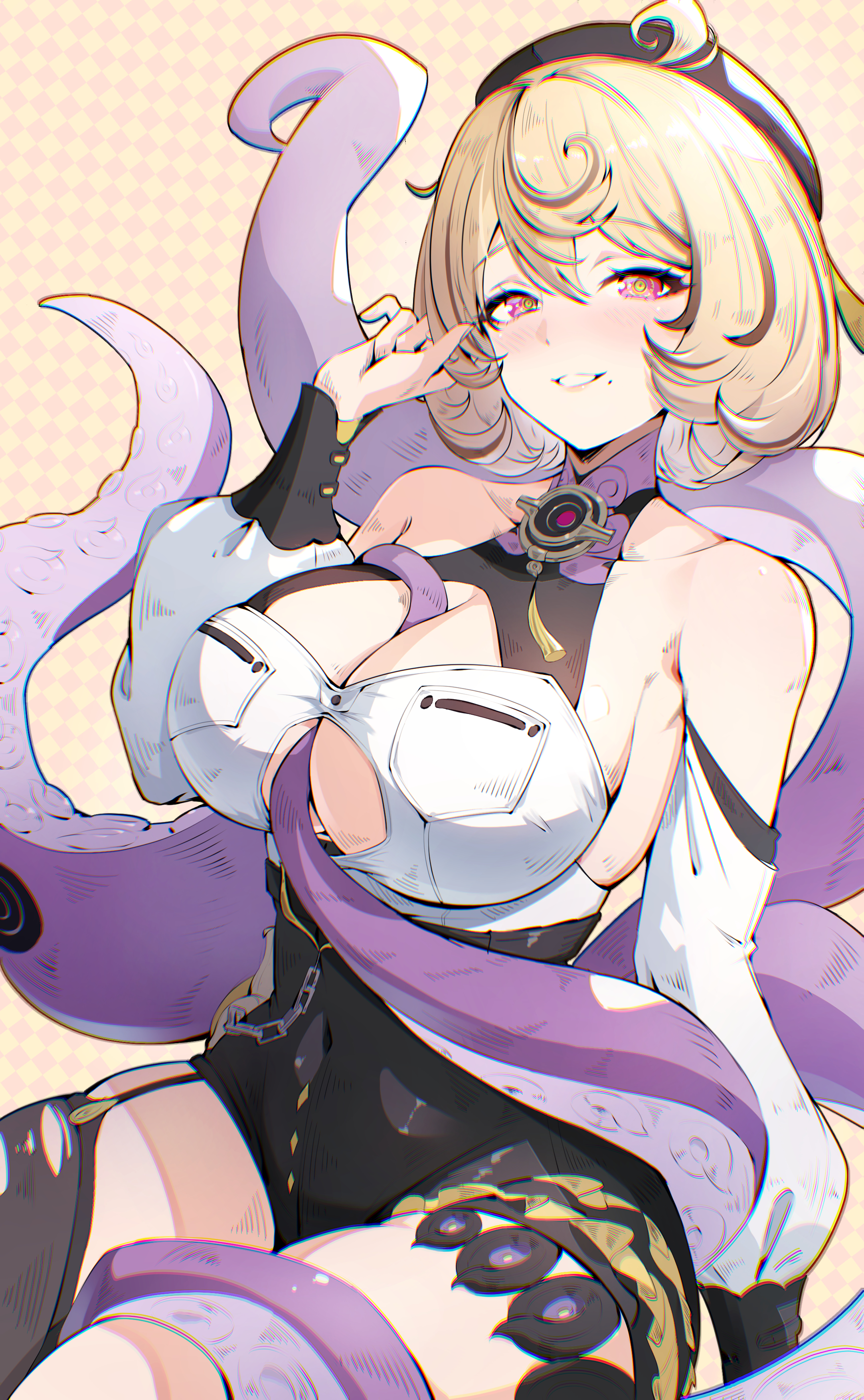 1girls, absurdres, armpit crease, bare shoulders, beret, black hat, blonde hair, breasts, cleavage, commentary, detached sleeves, female, female only, hair between eyes, hat, highres, hoyoverse, kumo33, large breasts, light skin, light-skinned female, looking at viewer, mihoyo, mole, mole under mouth, monster girl, red eyes, scylla, short hair, shorts, smile, solo, tentacle, tentacle between breasts, thighs, yidhari murphy, zenless zone zero