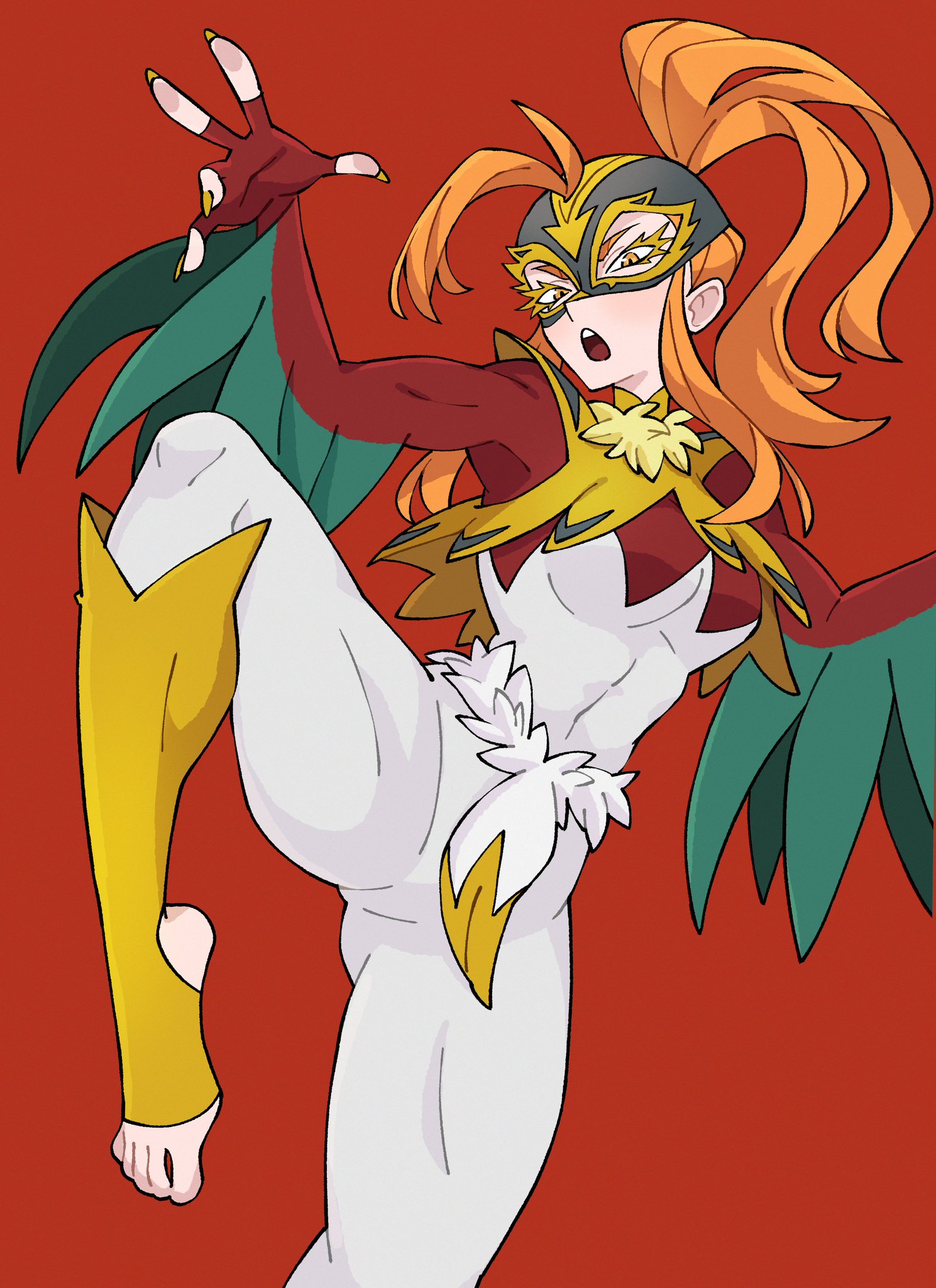 1girls, breasts, doodlelot (artist), eyelashes, feet, female, fingerless gloves, foot fetish, fur, game freak, gijinka, hawlucha, humanized, humanized pokemon, luchabull, mask, masked, masked female, mega evolution, mega hawlucha, mega luchabull, muscular, muscular female, nail polish, nintendo, painted nails, personification, pokemon, pokemon legends: z-a, pokemon za, ponytail, red background, red hair, solo, tagme, tagme (artist), tagme (character), wrestler, wrestling, wrestling outfit, yellow eyes