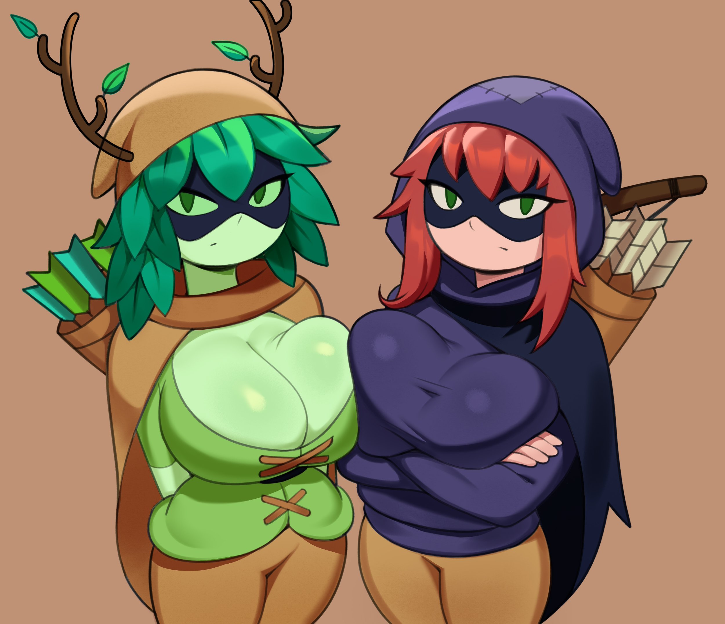 2girls, adventure time, adventure time: fionna & cake, alternate universe, arrow (weapon), big breasts, breasts, cartoon network, cleavage, clothing, female, female human, female humanoid, green skin, green skinned female, human, human female, humanoid, huntress (fionna & cake), huntress wizard, idler r, large boobs, large breasts, light skin, light-skinned female, looking at viewer, multiple females, multiple girls, pale skin, weapon