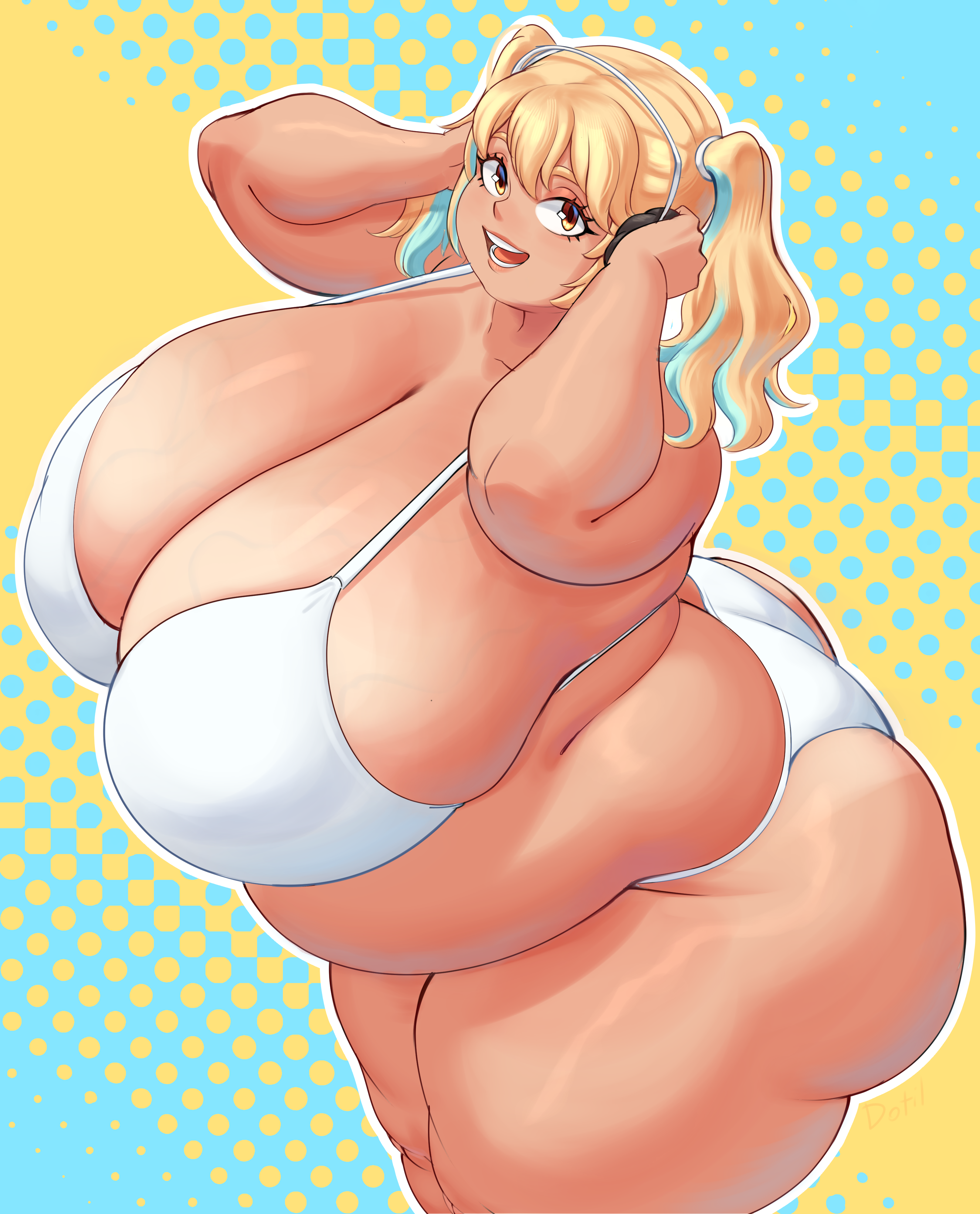 1girls, alternate version at patreon, alternate version at paywall, alternate version available, artist name, bbw, belly, big ass, big belly, big breasts, big butt, blonde hair, bra, breasts bigger than head, chubby, chubby female, clothed, clothing, dotil, fat, fat ass, fat belly, fat female, female, female only, high-angle view, huge ass, huge breasts, huge thighs, light skin, light-skinned female, looking at viewer, nitroplus, overweight, overweight female, panties, partially clothed, side view, sideboob, skindentation, solo, solo female, super pochaco, tagme, tan, tanline, tanned, thick ass, thick legs, thick thighs, thunder thighs, twintails, two-tone hair, veiny breasts
