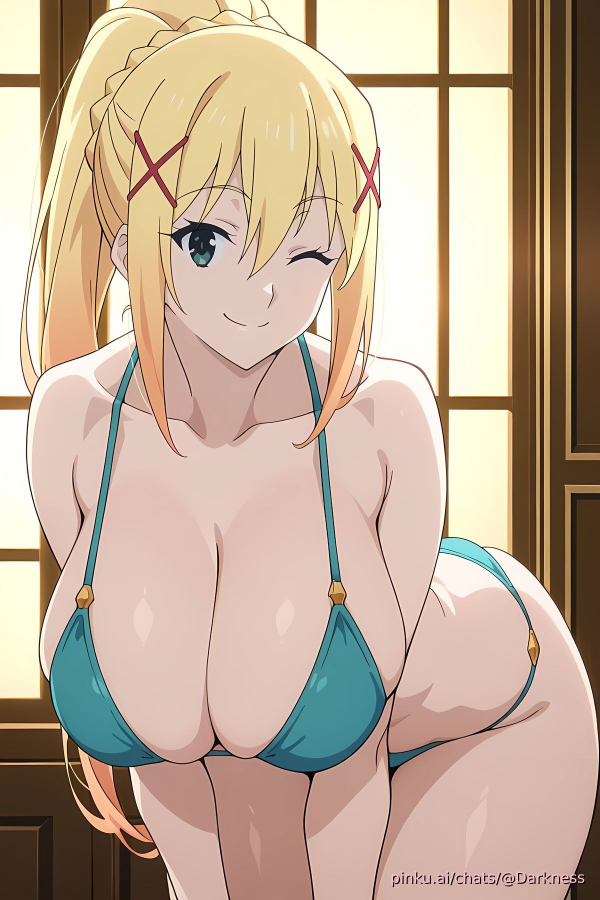 ai generated, big breasts, bikini, breasts, darkness (konosuba), female, kono subarashii sekai ni shukufuku wo!, konosuba, long hair, thick thighs, yellow hair