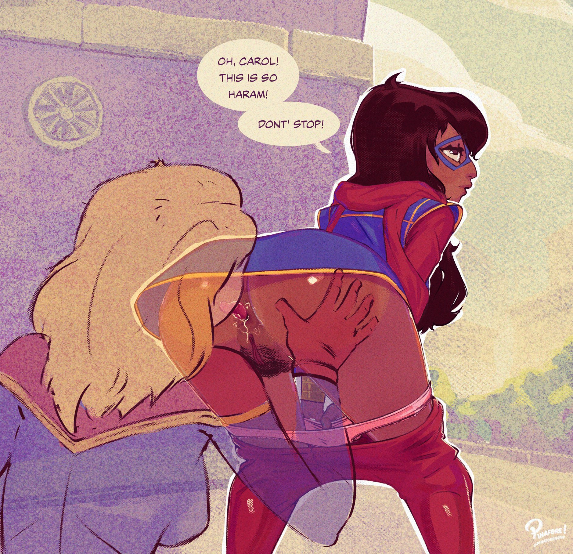 2d, 2girls, age difference, anilingus, anus, artist name, asking for it, ass, ass lick, bent over, black hair, blonde hair, bush, captain marvel, carol danvers, color, dark-skinned female, domino mask, english text, female, female only, female pubic hair, femdom, grabbing ass, groping, groping ass, hairy pussy, kamala khan, lesbian, lesbian sex, lezdom, marvel, marvel comics, mask, ms. marvel, ms. marvel (kamala khan), muslim, muslim female, pakistani female, panties down, pants down, pinafore (artist), pubes, pubic hair, pussy, rimjob, rimming, speech bubble, spread anus, spread ass, superheroine, tongue, transparent body, yuri