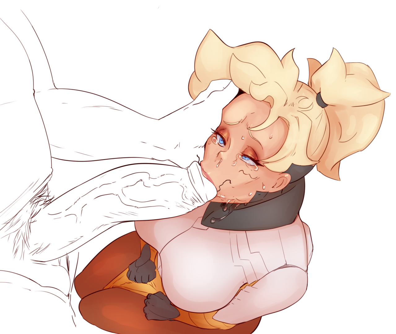 :>=, big breasts, breasts, cleavage, defeated, fellatio, female, head grab, huge cock, kneeling, large breasts, male, mercy, oral, overwatch, penis, sketch, snot, straight, stray pubic hair, sunnysundown, tears