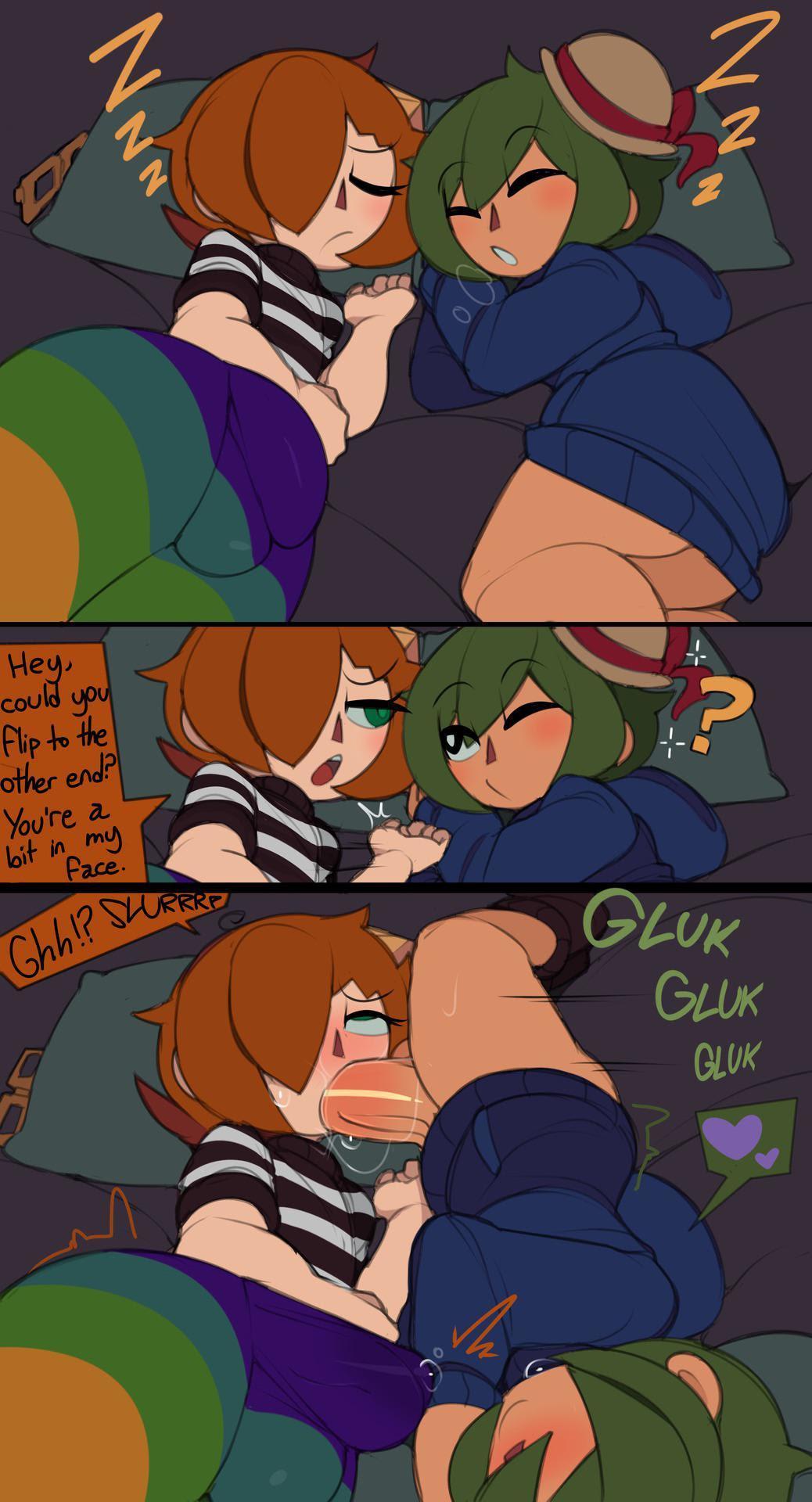 2boys, animal crossing, blowjob, bulge, captain kirb, comic, erection under clothes, fellatio, femboy, femboy on femboy, feminine, frag (captain kirb), gay, male, male only, male/male, only player, sleeping, tagme, text, thick thighs, tights, toony, yaoi