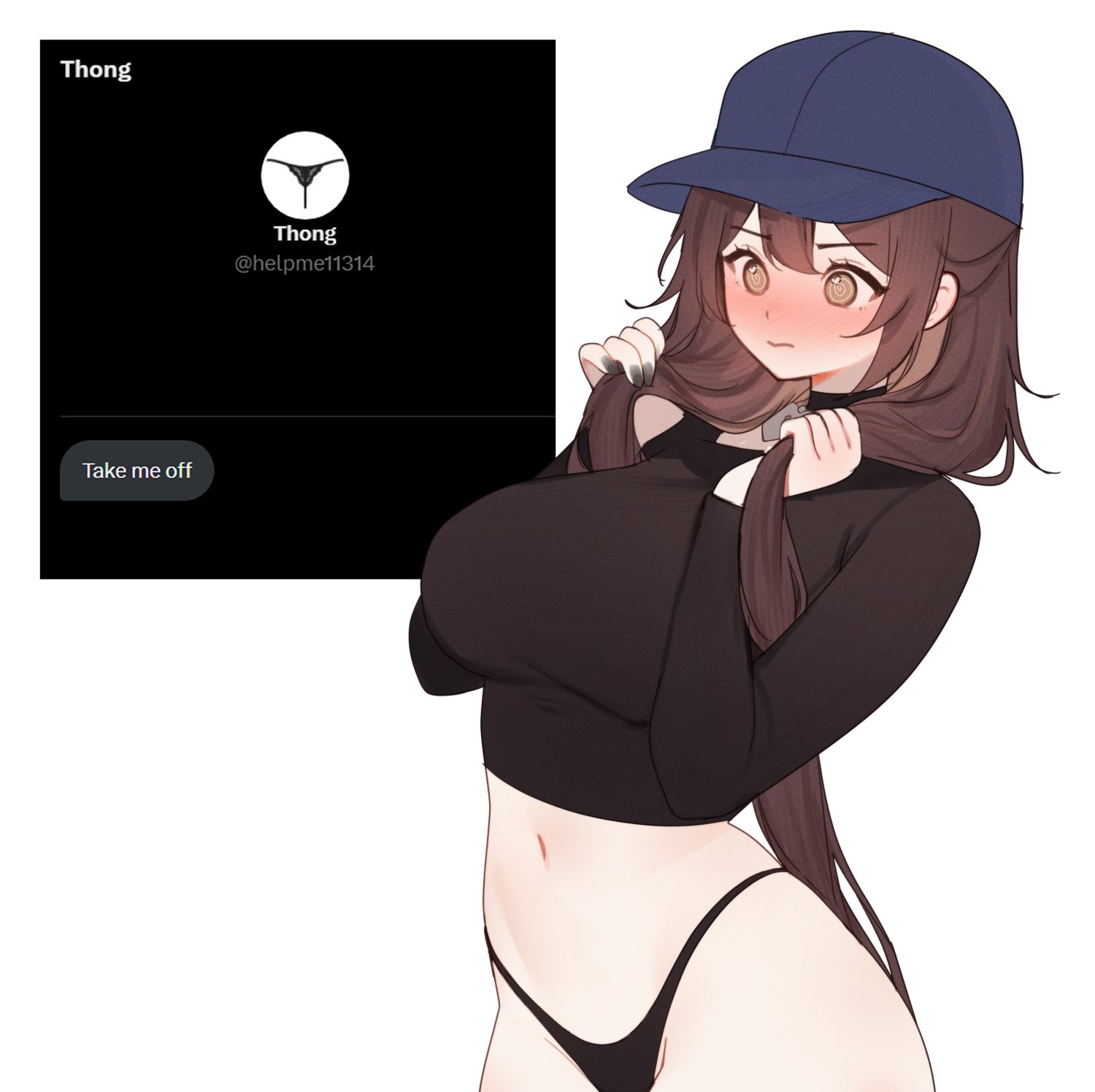 1girls, blush, breasts, cap, female, female focus, female only, indie virtual youtuber, large breasts, light skin, light-skinned female, midriff, original, sky (skyaboveme), skyaboveme, solo, thick thighs, thighs, virtual youtuber, white background, wide hips