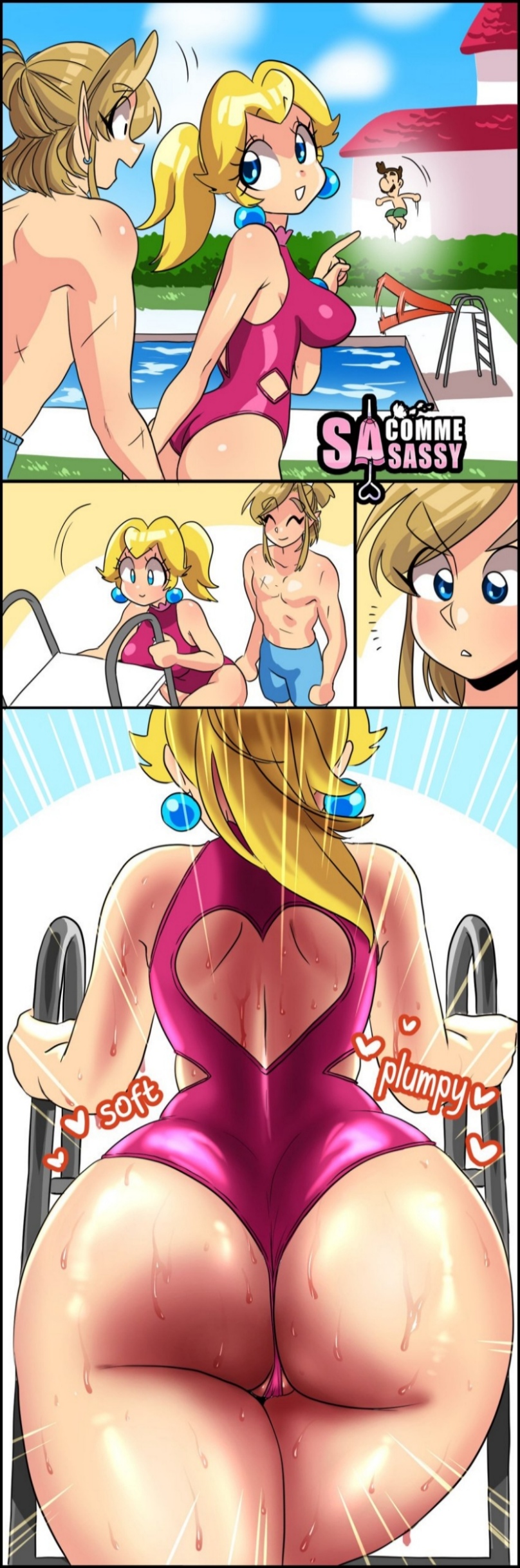 1girls, 2boys, ass, back, blonde hair, blue eyes, breasts, breath of the wild, clothing cutout, comic, competition swimsuit, crossover, day, female, from behind, link, link (breath of the wild), long hair, luigi, male, mario (series), multiple boys, multiple males, nintendo, one-piece swimsuit, one-piece thong, pink swimsuit, pool, princess, princess peach, royalty, sasatseng, shoulder blades, swimsuit, the legend of zelda, wet
