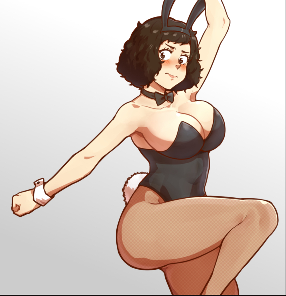 blush, breasts, brown eyes, brown hair, bunny ears, bunny girl, bunnysuit, cleavage, female, malmind, one arm up, one leg up, persona, persona 5, sadayo kawakami, solo