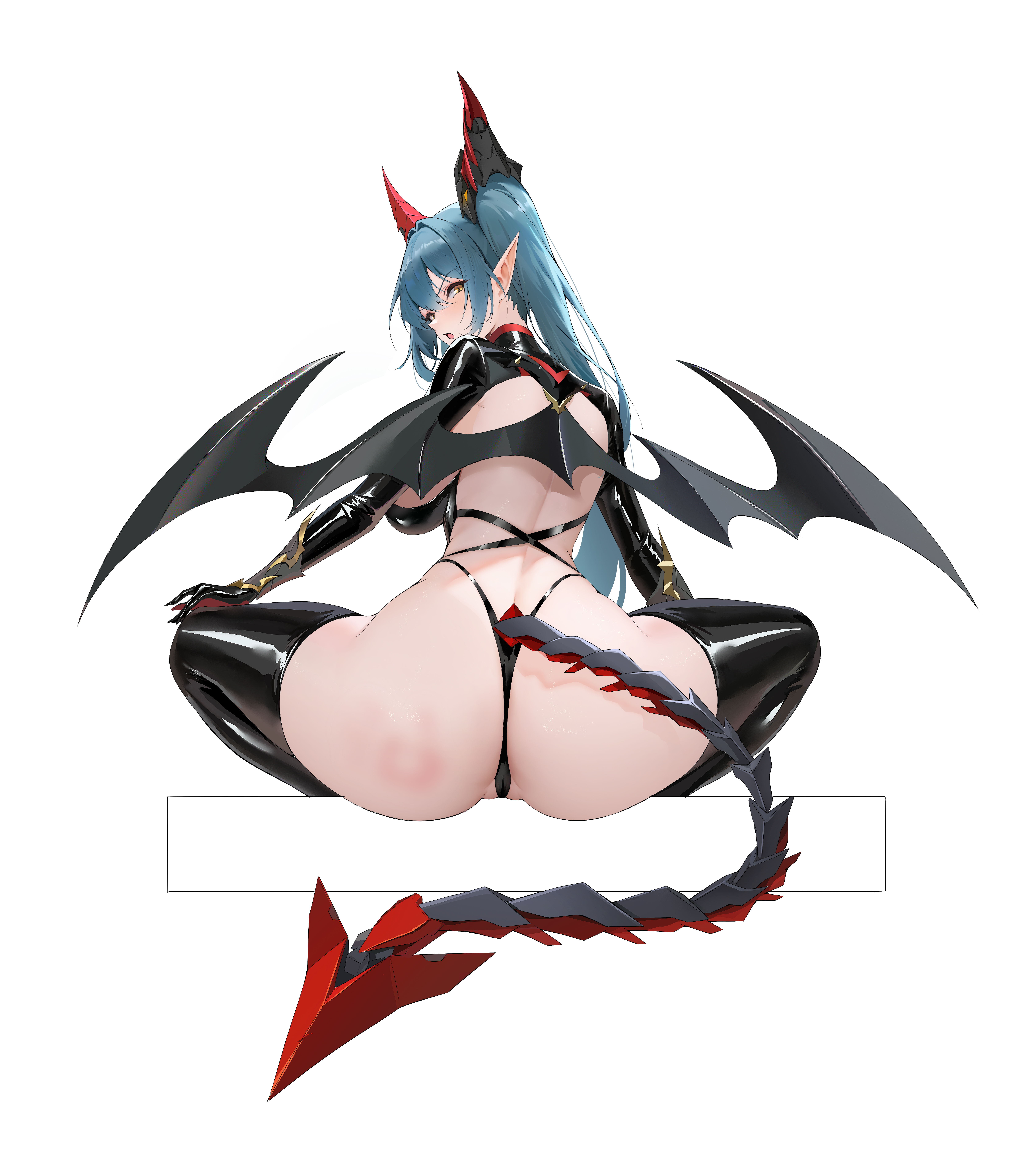 artist request, ass, azur lane, black thighhighs, blue hair, boots, breasts, cg, dragon girl, dragon horns, dragon tail, dragon wings, female, from behind, full body, gloves, horns, large breasts, long hair, looking at viewer, looking back, mechanical horns, mechanical tail, open mouth, panties, parted lips, pointy ears, regensburg (azur lane), simple background, sitting, slap mark, solo, squatting, tail, thigh boots, thighhighs, thong, twintails, underwear, white background, wings, yellow eyes