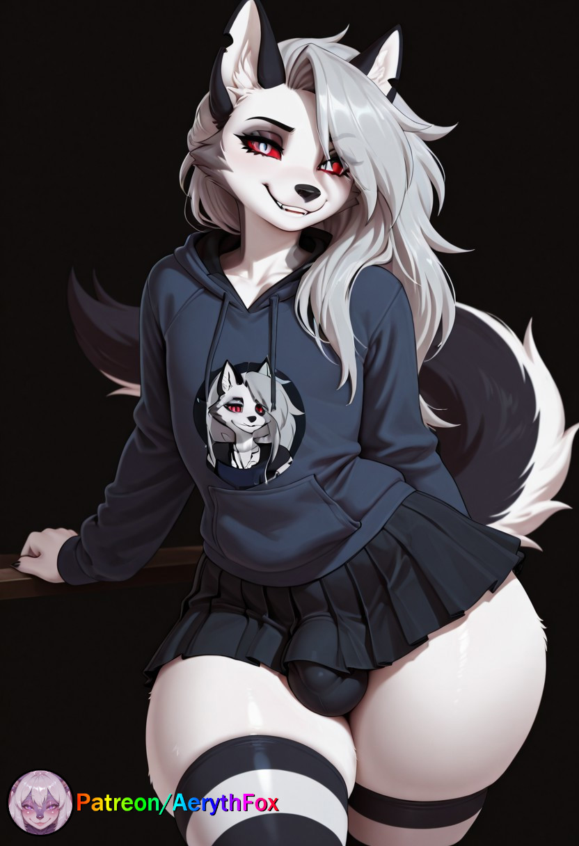 1boy, aerythfox, ai, ai art, ai generated, anthro, black fur, femboy, furry, grey fur, helluva boss, hoodie, looking at viewer, loona (helluva boss), male, male loona, otoko no ko, otokonoko, patreon, patreon username, red eyes, skirt, smiling, smirk, solo, striped legwear, tagme, thighhighs, white fur, wolf ears, wolf tail