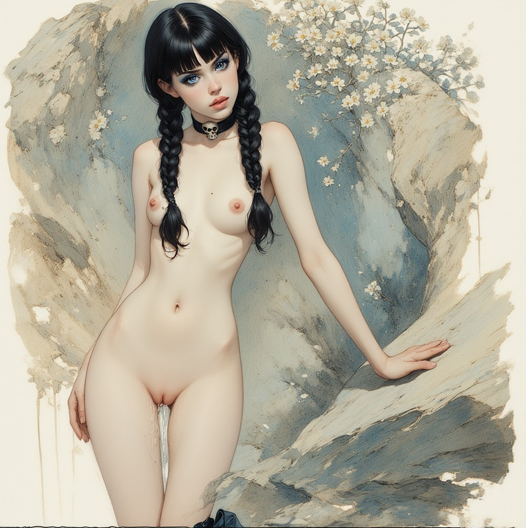 ai generated, breasts, choker, cum in pussy, female, goth girl, no bra, no panties, nude female, petite female, pussy, pussy juice, small breasts, twintails