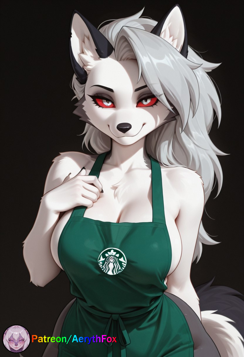 1girls, aerythfox, ai, ai art, ai generated, anthro, apron, apron only, black fur, female, furry, grey fur, helluva boss, looking at viewer, loona (helluva boss), milf, patreon, patreon username, red eyes, smiling, smirk, solo, starbucks, tagme, white fur, wolf ears, wolf girl, wolf tail