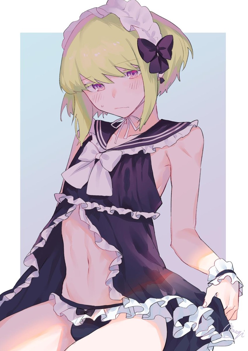 androgynous, blush, bob cut, clothed, clothing, crossdressing, embarrassed, femboy, frills, lio fotia, maid headdress, male, midriff, panties, promare, short hair, shy, slim, slim male, slim waist, twink