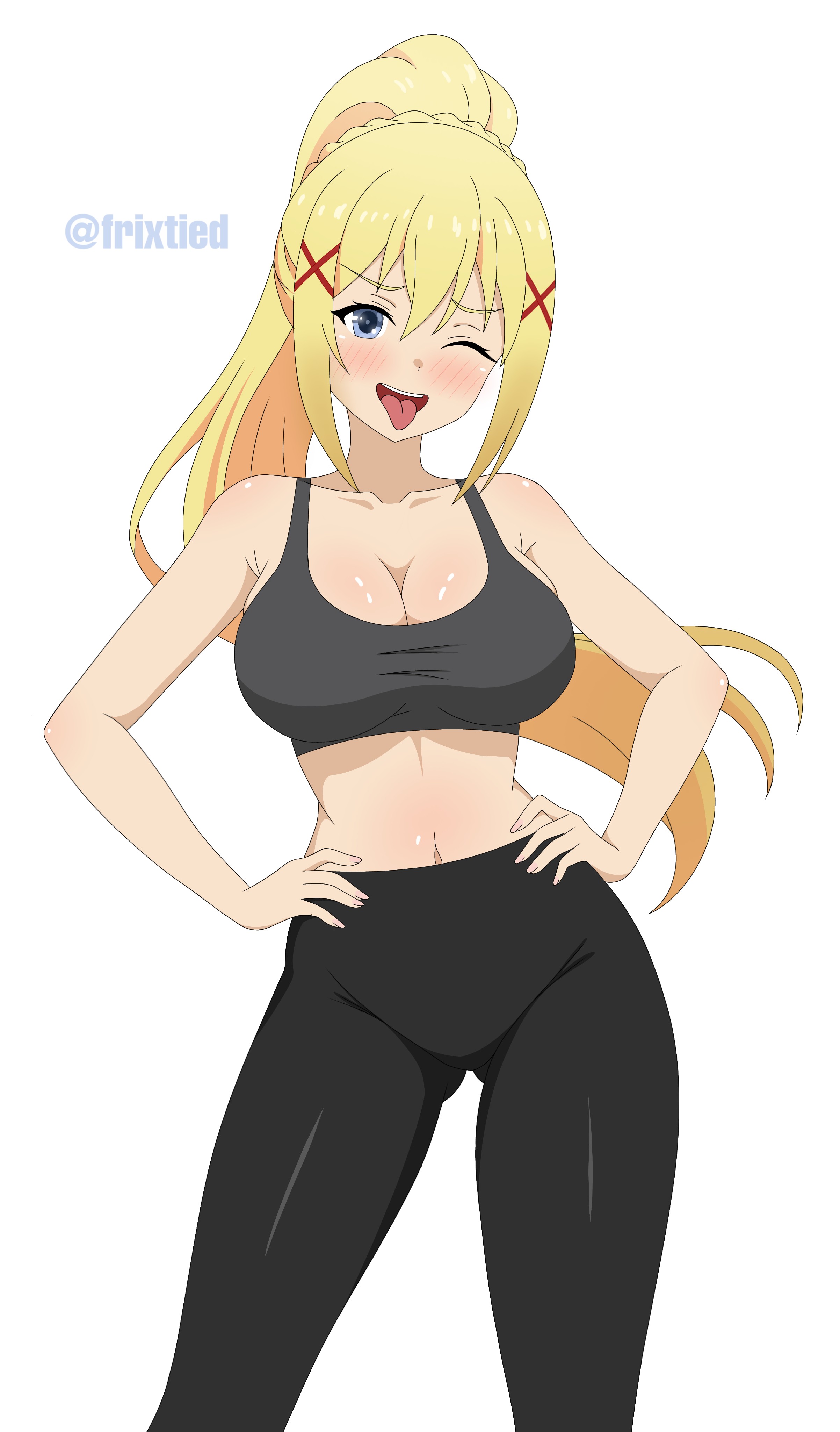 absurd res, ass, big ass, big breasts, big butt, big thighs, big titties, breasts, clothing, curvaceous, curvaceous female, curvaceous figure, curvy, curvy figure, curvy hips, darkness (konosuba), female, female focus, female only, frixtied, gym clothing, hi res, kono subarashii sekai ni shukufuku wo!, long hair, looking at viewer, sfw, yellow hair