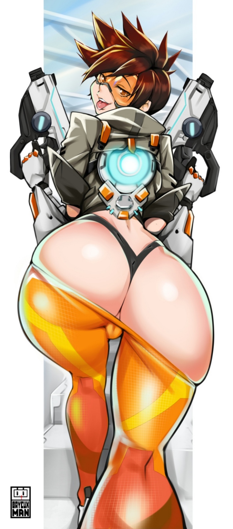 ass, bent over, bodysuit, bomber jacket, brown eyes, brown hair, brown jacket, character name, chest harness, clothes pull, cross-laced clothes, cross-laced legwear, female, from behind, goggles, jacket, leather, leather jacket, open mouth, orange bodysuit, orange goggles, overwatch, overwatch 2, pants, pants pull, shoes, short hair, sleeves rolled up, smile, solo, spiked hair, thighs, thong, tight, tight pants, tracer, tracer (overwatch 2 suit)