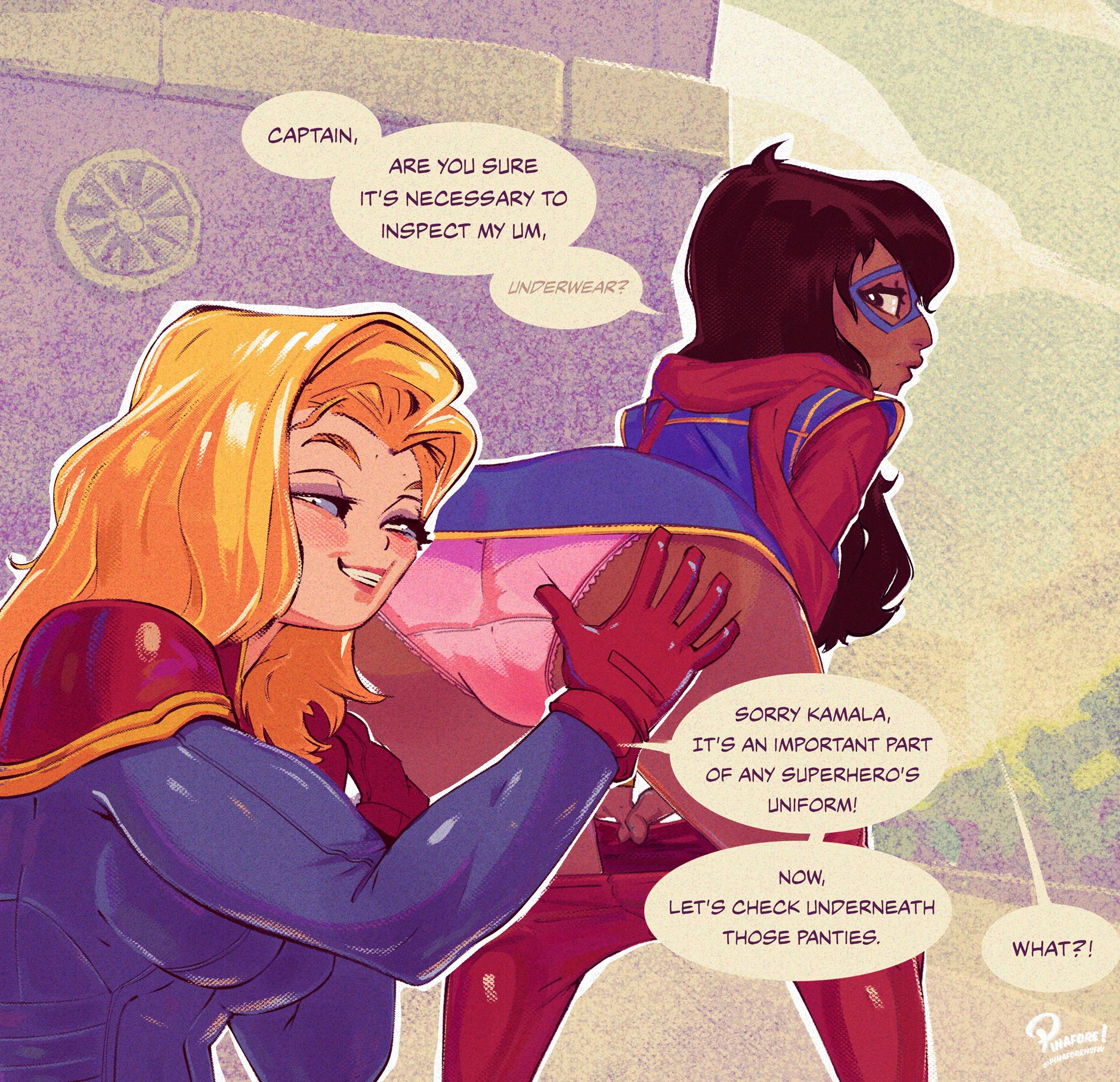 2025, 2d, 2girls, age difference, ass, black hair, blonde hair, captain marvel, carol danvers, clothed, clothed female, color, dark skin, dark-skinned female, domino mask, english text, female, female only, grabbing ass, groping, groping ass, interracial, interracial yuri, kamala khan, lesbian, light skin, light-skinned female, marvel, marvel comics, mask, ms. marvel, ms. marvel (kamala khan), muslim, muslim female, non-nude, older female, older female and younger female, pakistani female, panties, pants down, pinafore (artist), pink panties, speech bubble, superheroine, younger female, yuri