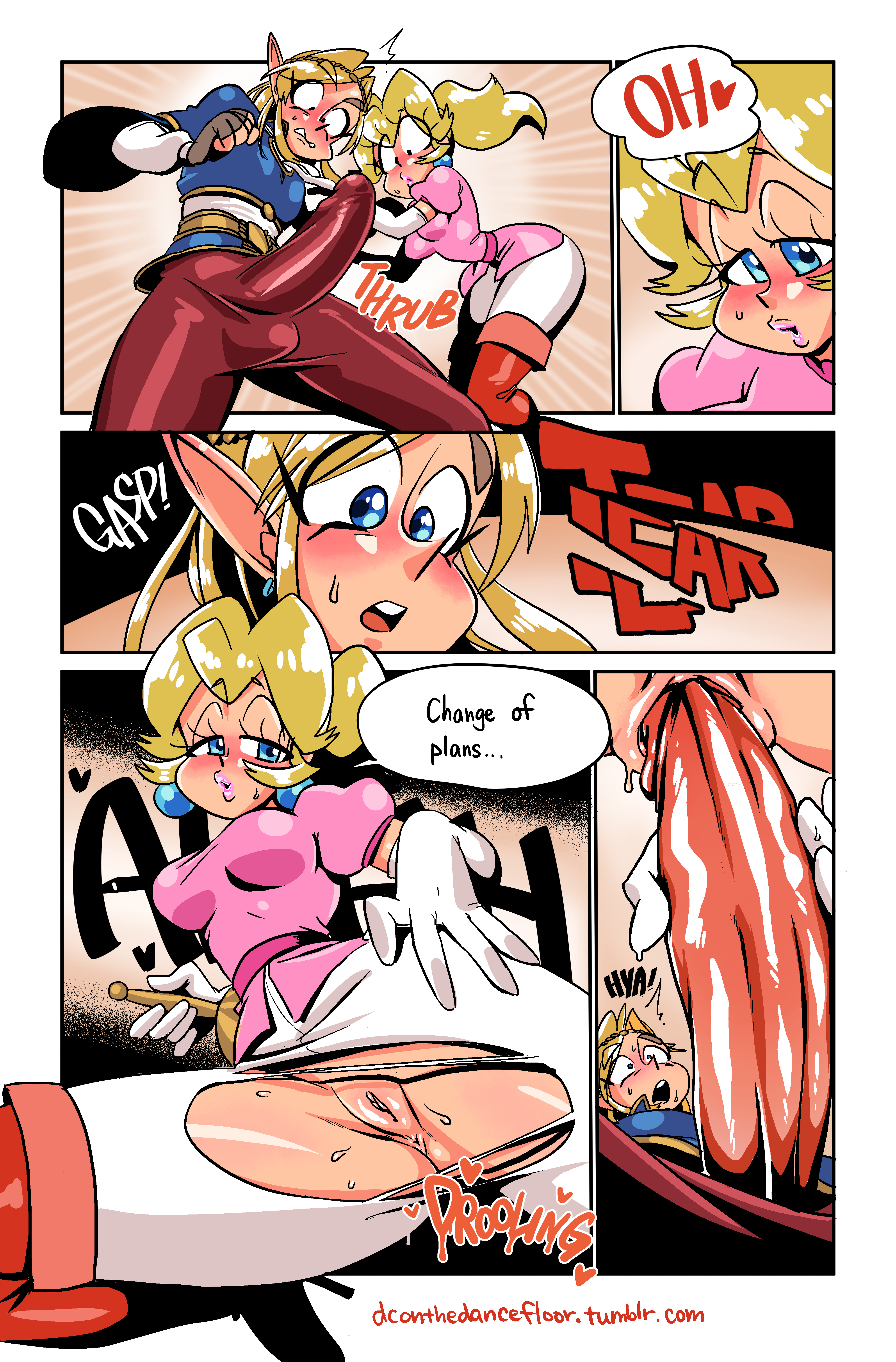 1boy, 1girls, blonde hair, blue eyes, blush, boots, breasts, breath of the wild, clothed, clothed sex, clothing, comic, crossover, earrings, english text, erection, erection under clothes, exposed pussy, eyebrows, eyelashes, female, fingerless gloves, gloves, hair, heart, high heel boots, highres, insertion, link, link (breath of the wild), lips, lipstick, male, mario (series), nintendo, onomatopoeia, open mouth, penis, penis grab, pointy ears, princess peach, pussy, royalty, sasatseng, sex, shocked, speech bubble, straight, sweat, teeth, text, the legend of zelda, tied hair, tight clothing, tongue, torn clothes, vagina, vaginal insertion, vaginal penetration, veiny penis, web address
