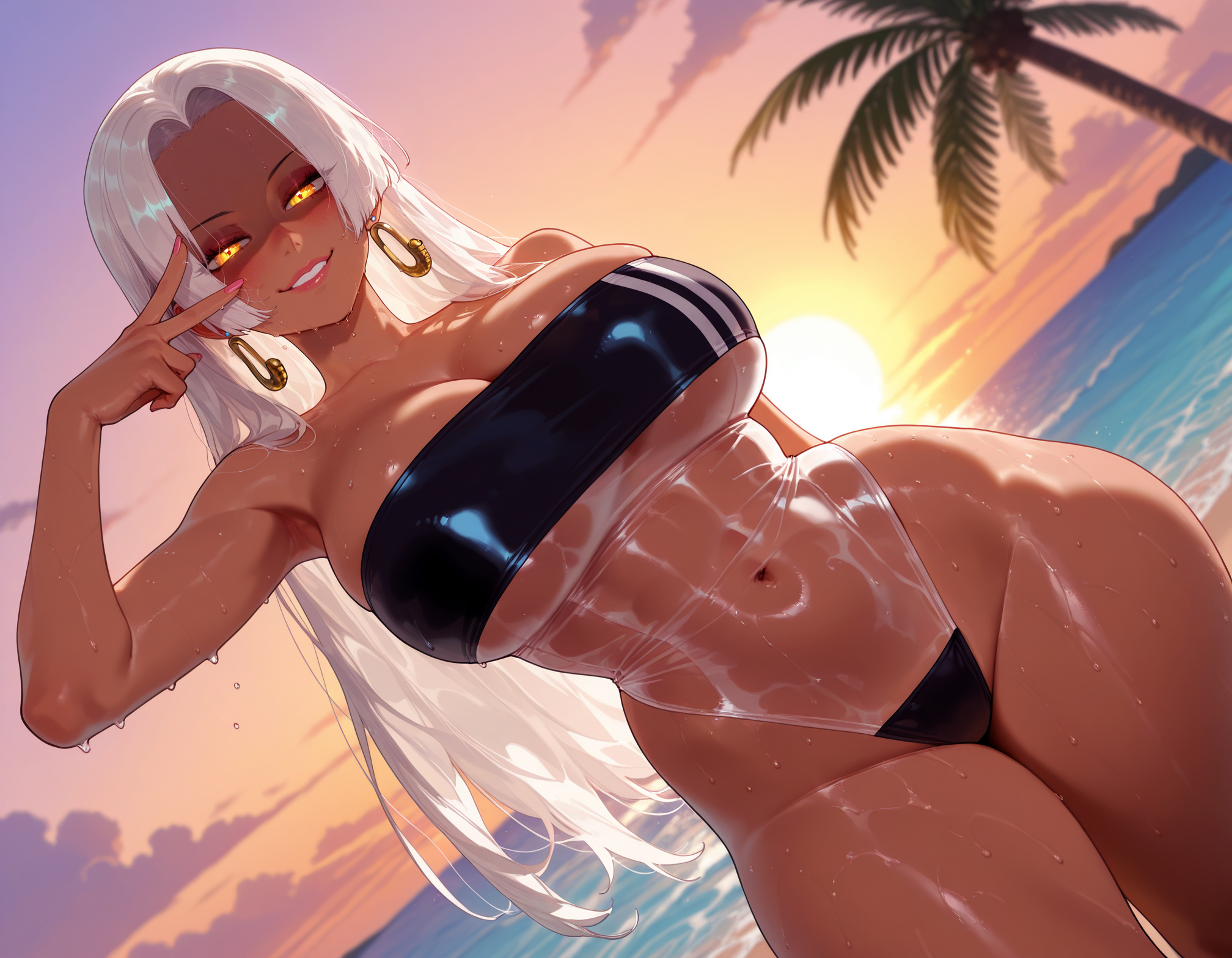 1girls, ai generated, arm behind back, arm up, armpits, balecxi, bangs, bare shoulders, beach, bikini, black one-piece swimsuit, black swimsuit, blue sky, blush, boa hancock, breasts, casual one-piece swimsuit, clavicle, cleavage, clothing, cloud, collarbone, covered navel, curvaceous, curvaceous female, curvaceous figure, curvy, curvy figure, dark skin, dark-skinned female, day, double vertical stripe, dusk, earrings, evening, female, female focus, female only, fingernails, forehead, gradient sky, grin, groin, highleg, highleg swimsuit, hoop earrings, inviting, inviting to sex, jewelry, large breasts, lips, long hair, looking at viewer, lunarian, meme attire, nail polish, narrow waist, navel, ocean, one piece, one piece: egghead arc, one-piece swimsuit, orange sky, outdoors, palm tree, parted bangs, parted lips, pink lips, presenting, presenting ass, presenting breasts, presenting hindquarters, presenting pussy, presenting self, pussy, red lips, s-snake (one piece), sand, seductive, seductive look, seductive smile, see-through, see-through swimsuit, seraphim (one piece), shiny clothes, shiny skin, skindentation, sky, smile, solo, standing, straight hair, strapless, strapless one-piece swimsuit, sun, sunlight, sunset, swimsuit, taut clothes, thick thighs, thighs, tree, v, v over eye, very long hair, voluptuous, voluptuous female, water, wet, wet swimsuit, white hair, wide hips, yellow eyes