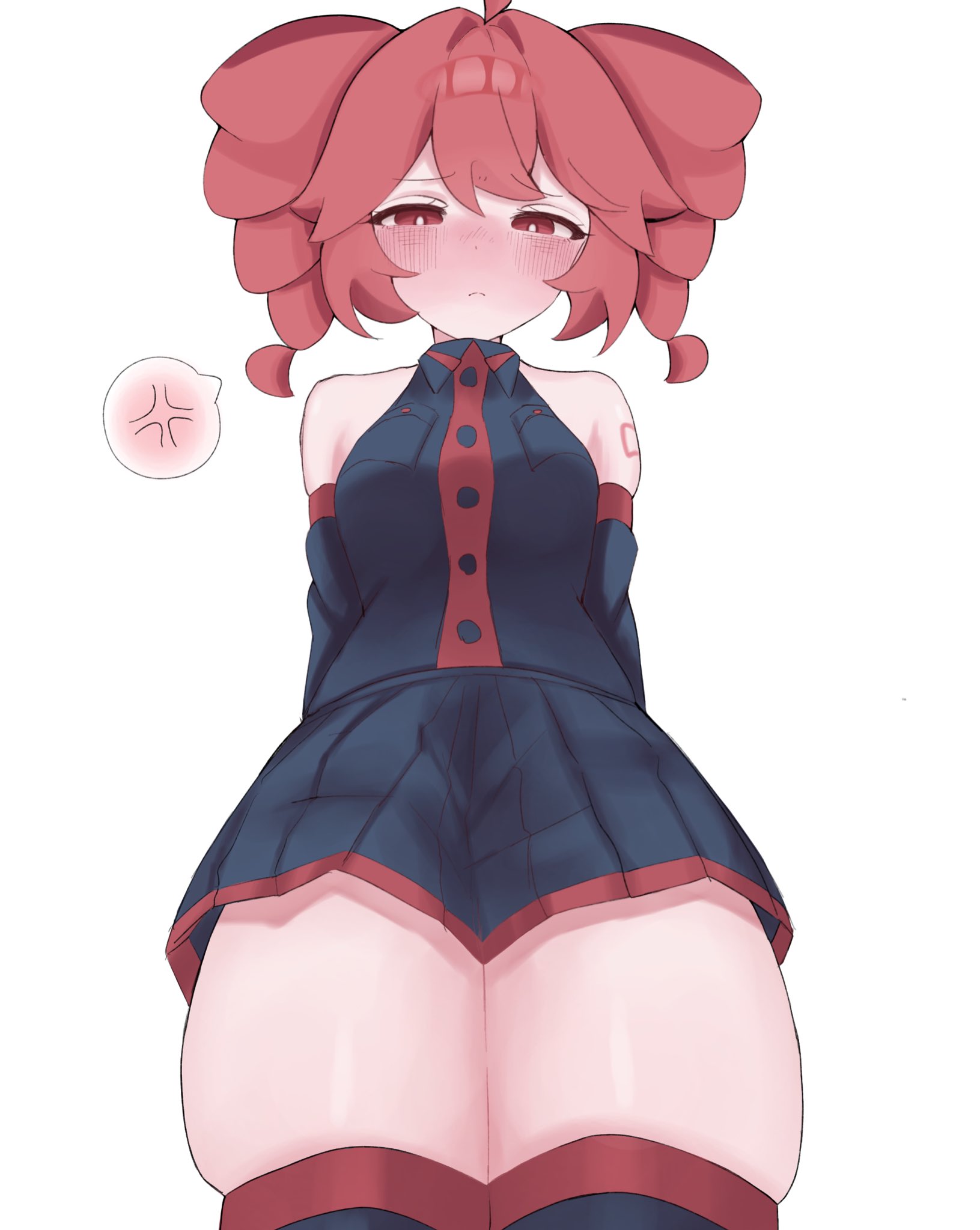 1girls, 2d, 2d (artwork), ahoge, annoyed, annoyed expression, arm tattoo, bare shoulders, big thighs, blush, blush lines, breasts, clothed, clothed female, clothing, detached sleeves, embarrassed, embarrassed female, fat thighs, female, female only, frown, fully clothed, half-closed eyes, huge thighs, kasane teto, large thighs, looking down, low-angle view, massive thighs, medium breasts, miniskirt, plump, plump thighs, red eyes, red hair, simple background, skindentation, skirt, solo, solo female, tattoo, thick thighs, thighhighs, thighs, twin drills, ur (ur o ), utau, white background