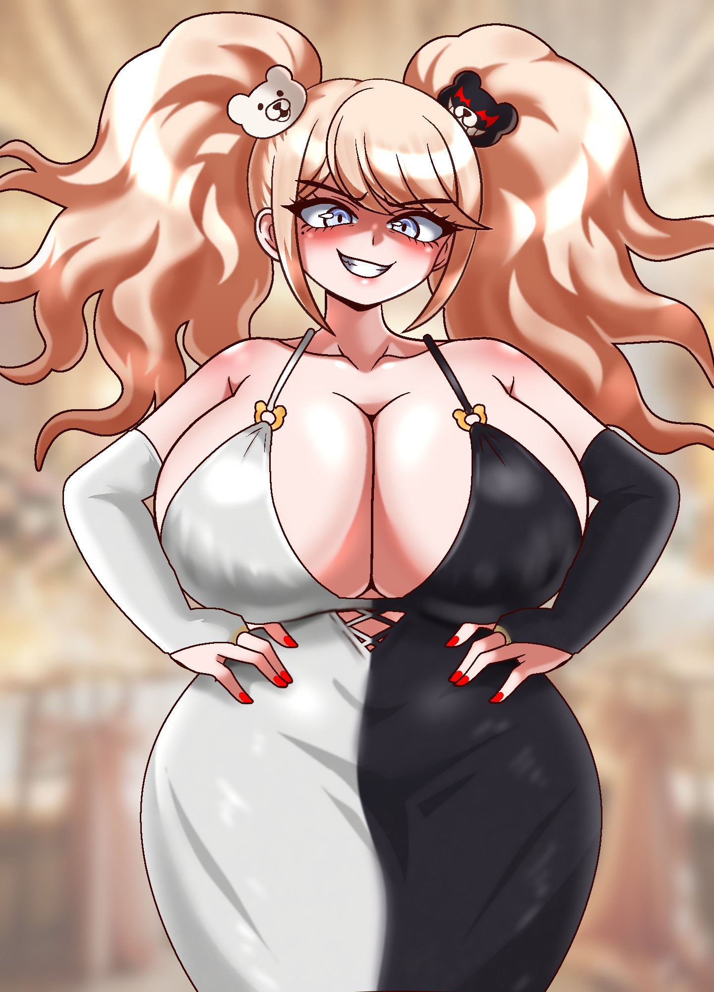 1girls, big breasts, black and white clothing, blonde female, blonde hair, breasts, breasts bigger than head, clothed, clothed female, clothing, curvaceous, curvy, curvy female, curvy figure, danganronpa, danganronpa: trigger happy havoc, dress, evening gown, female, female only, hips, hourglass figure, huge breasts, junko enoshima, no bra, seireiart, smile, smiling, solo, solo female, that one random junko dress trend, thick thighs, thighs