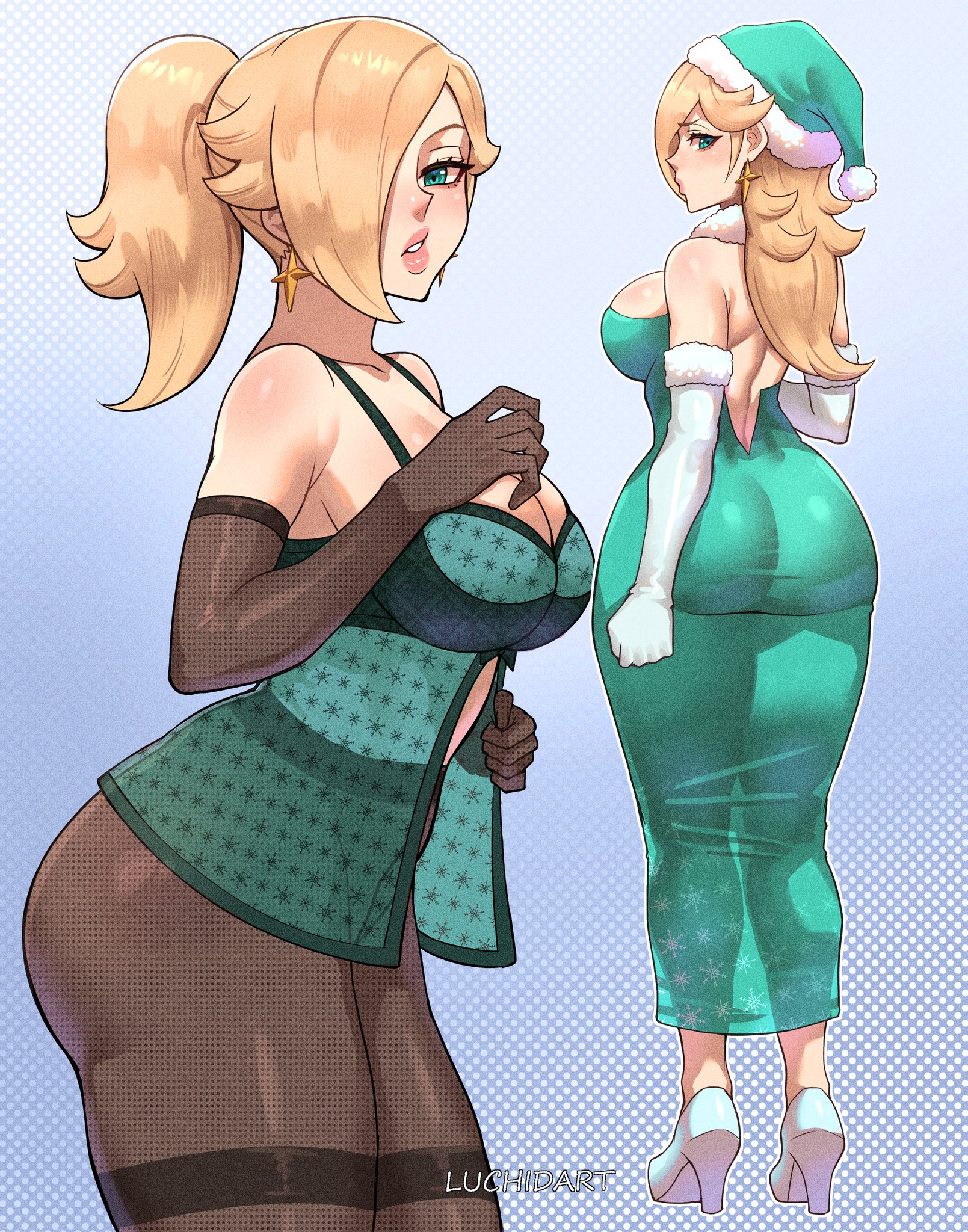 1girls, adapted costume, aqua dress, ass, bare shoulders, big ass, big breasts, bimbo, blonde hair, breasts, christmas, cleavage, crown, dress, earrings, elbow gloves, female, female only, fishnet legwear, fishnets, gloves, green dress, green eyes, hair over one eye, halftone background, hat, jewelry, large breasts, long hair, looking back, luchidart, mario (series), nintendo, pantyhose, parted lips, polka dot, polka dot background, polka dot dress, ponytail, princess rosalina, racket, tennis racket, unmoving pattern