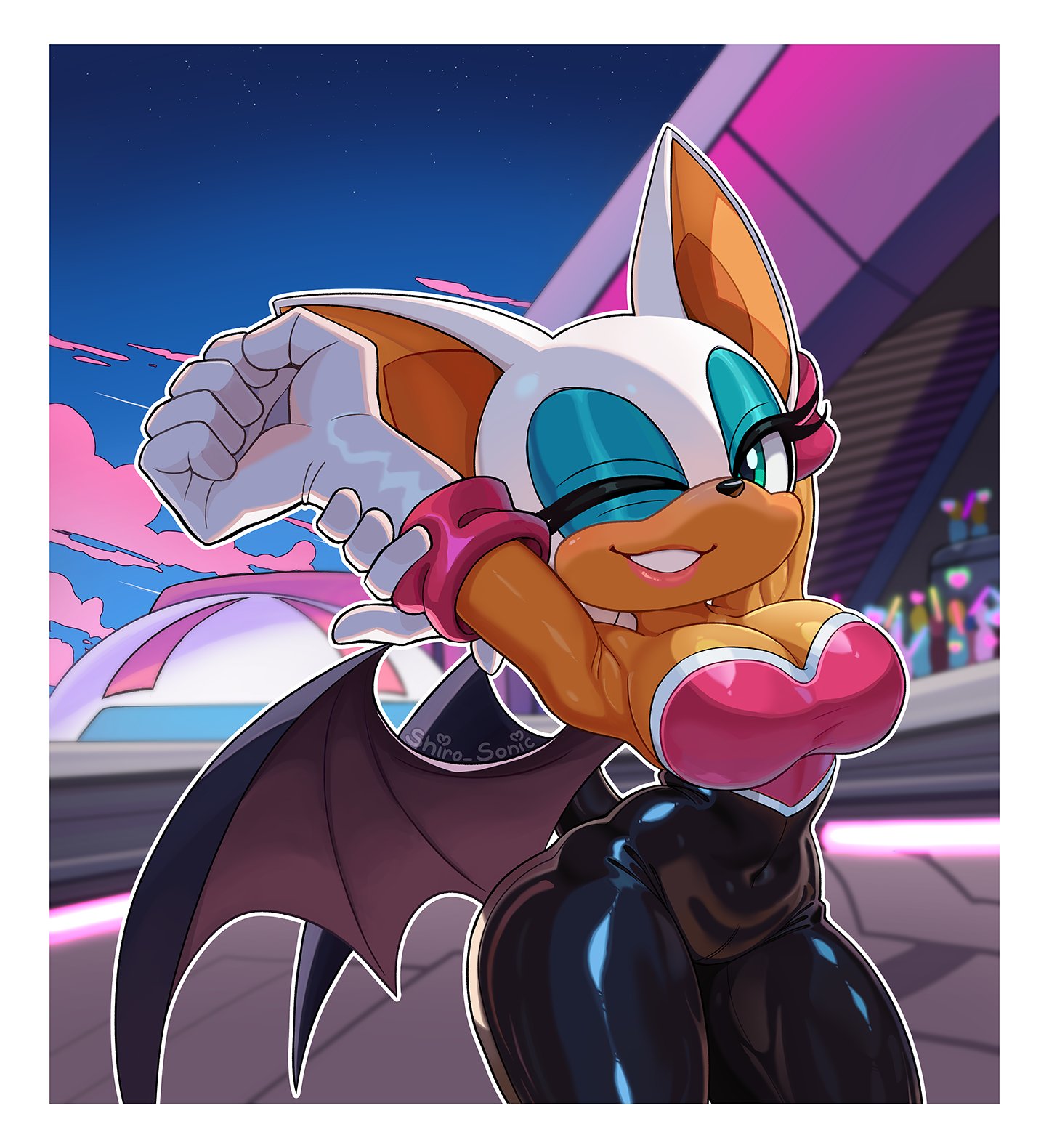 1girls, anthro, anthro female, bat, bat girl, bat wings, big breasts, breasts, cleavage, female, latex, rouge the bat, shiro sonic, sonic (series), sonic racing crossworlds, sonic the hedgehog (series), stretching, tagme, tan skin, tan-skinned female