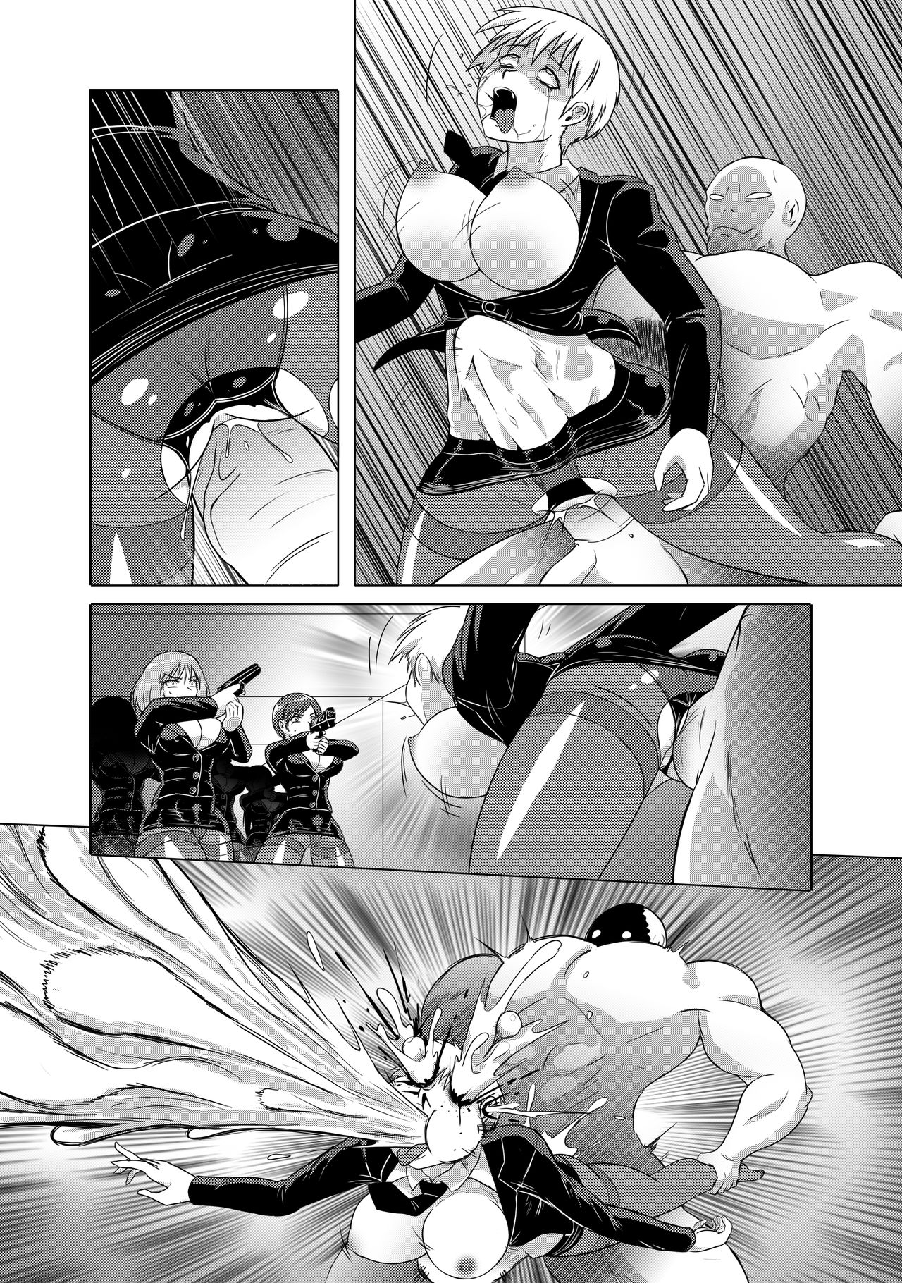 1boy, beast anime, big penis, bouncing breasts, breasts, cleavage, comic, cum, cum through, cumshot, death, death by ejaculation, female, female death, gun, guro, human death, male, monochrome, multiple females, multiple girls, muscular, muscular male, penis, pussy, straight, vaginal penetration, weapon