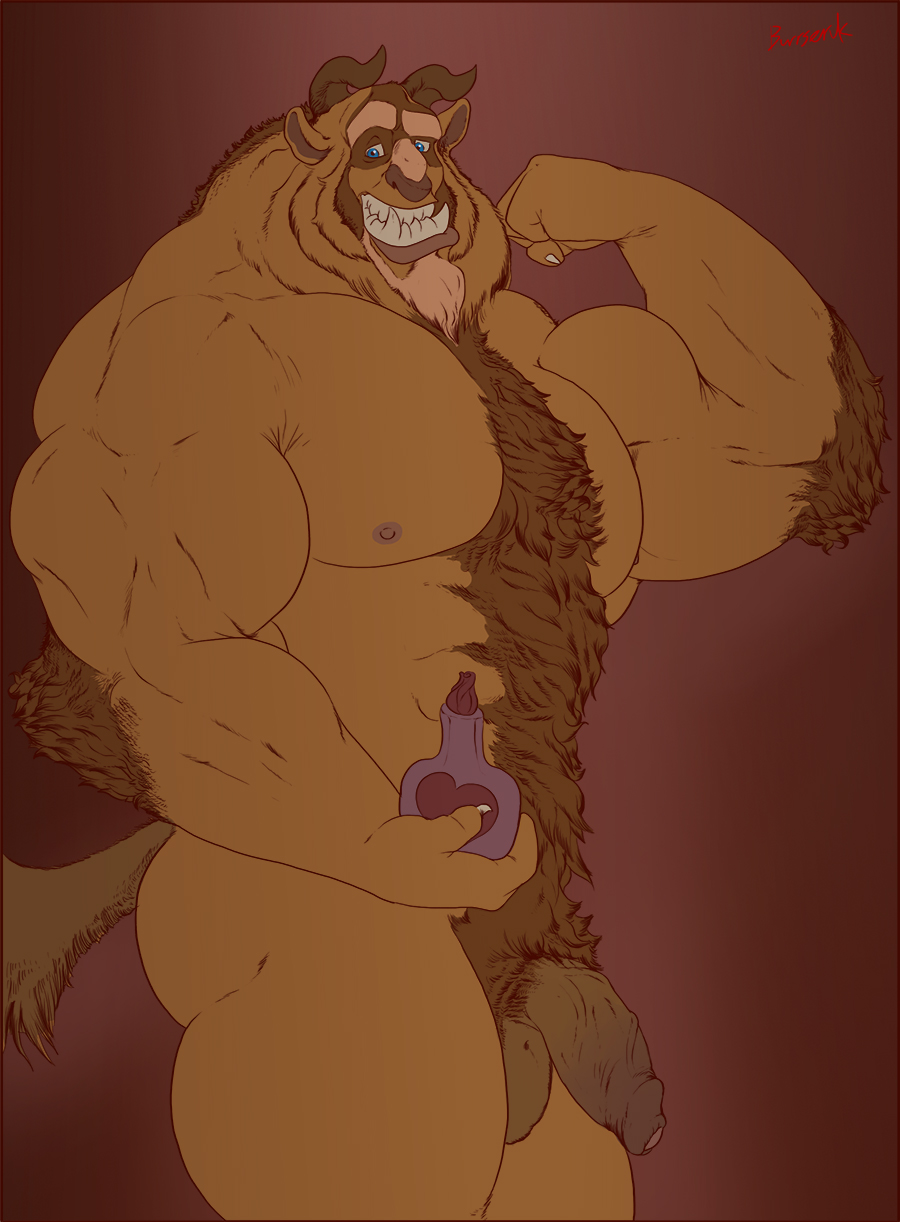 2017 anthro arm_hair balls beard beast_(disney) beauty_and_the_beast blue_eyes body_hair brown_fur burrserk chest_hair disney facial_hair flexing foreskin front_view fur half-erect happy_trail horn humanoid_penis male male_only mammal monster muscular nipples nude pecs penis presenting raised_tail red_background simple_background smile solo standing teeth uncut