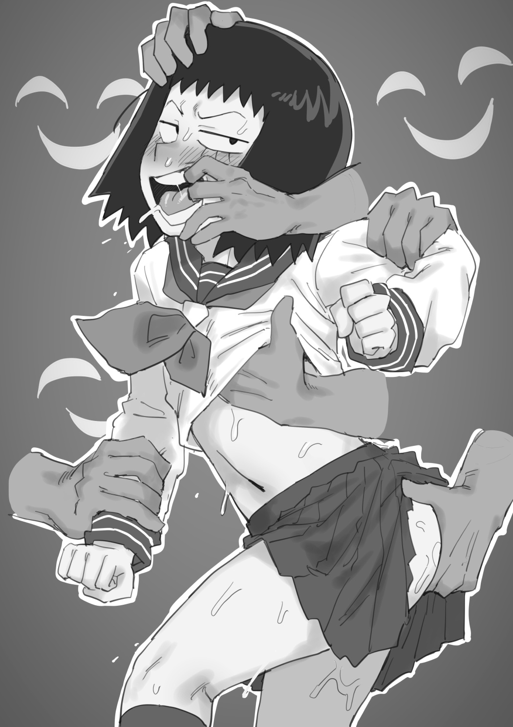 ax g90, breasts, evil grin, evil smile, female, groping, groping ass, groping breasts, groping butt, groping from behind, groping through clothes, highschool, kurata tome, mob psycho 100, schoolgirl, schoolgirl uniform, sexual assault, sexual harassment, shadow creature, short black hair, teenage female, teenager