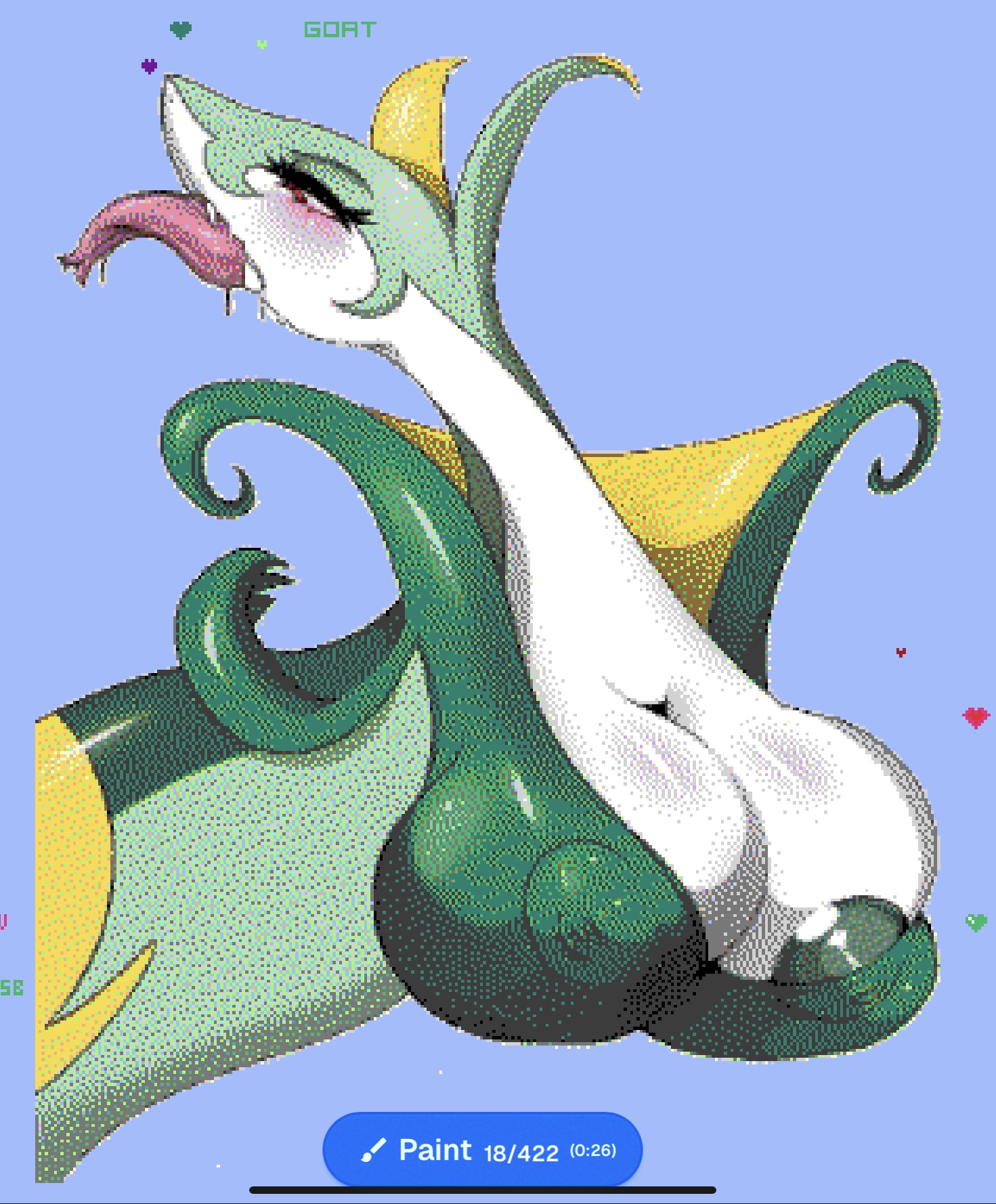 2025, blush, breasts, drooling, female, green skin, licking, nintendo, nipples, no humans, pixel art, pokemon, pokemon (species), red eyes, saliva, serperior, snake, snake girl, solo, solo female, wplace