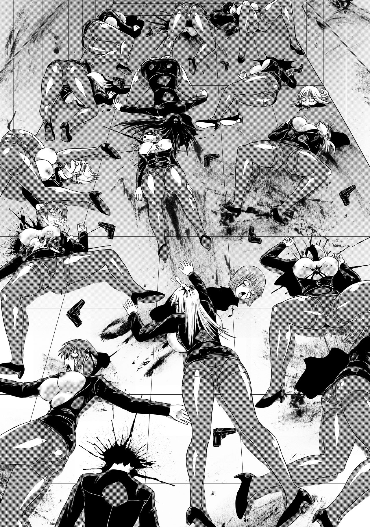 16girls, ass, beast anime, breasts, comic, cum, cum in mouth, cum inside, death, decapitation, exposed breasts, female, female death, female only, gun, guro, human death, monochrome, multiple deaths, multiple females, multiple girls, severed head, thighs, weapon