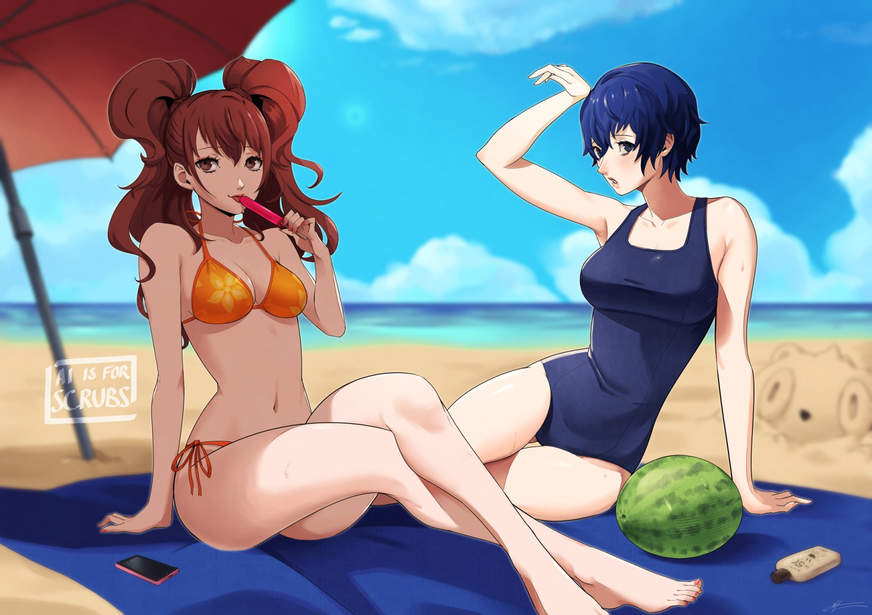 2girls, atlus, beach, bikini, blue eyes, blue hair, brown eyes, brown hair, eightyfourart, fair skin, female, kujikawa rise, kujikawa rise (swimsuit), looking at viewer, nail polish, one piece swimsuit, outdoors, persona, persona 4, school swimsuit, shirogane naoto, shirogane naoto (swimsuit), swimsuit, toenail polish, watermelon