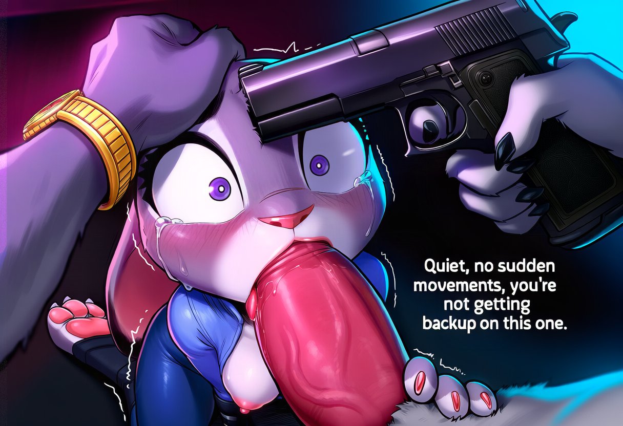 1girl1boy, ai assisted, ai generated, at gunpoint, blowjob, bunny girl, claws, english text, fellatio, female, furry, gold watch, gun, gunpoint, judy hopps, kinktober, kinktober 2025, kokenaart, male, oral sex, pawpads, paws, penis, purple eyes, rabbit, rape, scared, tongue, wolf, wolf boy, zootopia