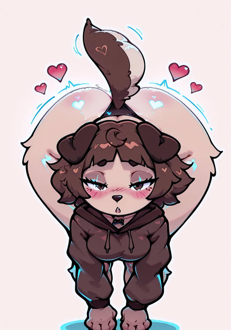 ai generated, animation meme community, dog ears, dog girl, dog humanoid, dog tail, doggy, female, front view, furry, furry only, hoodie, mimi (typh), squatting, typh