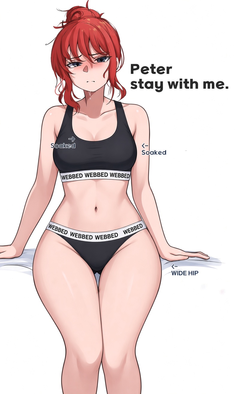 1girls aka_mochi_chan areolae breasts clothed clothing edit english_text female_pubic_hair green_eyes jean_grey marvel marvel_cinematic_universe partially_clothed pouting red_hair sadie_sink sitting spider-man:_brand_new_day spider-man_(series) thick_thighs tied_hair variant_set white_background x-men