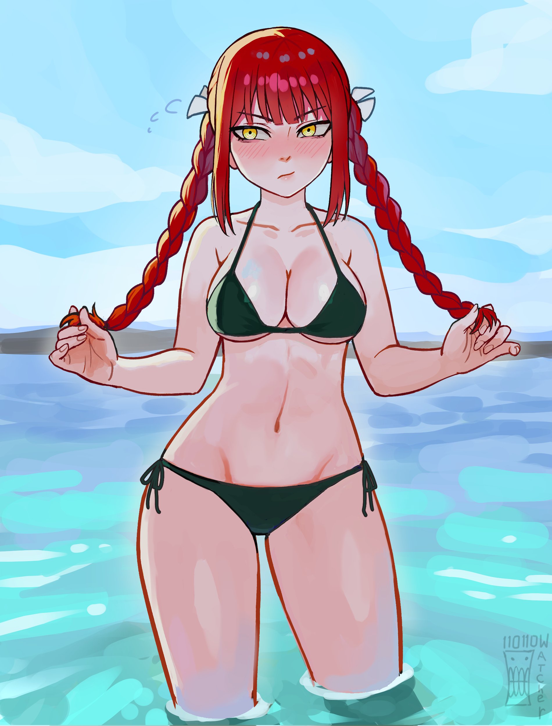 1girls, absurdres, alternate hairstyle, artist logo, artist name, bare arms, bare shoulders, bikini, black bikini, blue sky, blush, braid, braided twintails, breasts, chainsaw man, cleavage, cloud, collarbone, commentary, day, english commentary, female, female only, flying sweatdrops, frown, groin, hair ribbon, highres, holding, holding own hair, large breasts, logo, long hair, looking at viewer, makima (chainsaw man), navel, nose blush, outdoors, red hair, ribbon, side-tie bikini bottom, sky, solo, stomach, swimsuit, twin braids, wading, watcher hollow, water, white ribbon, yellow eyes