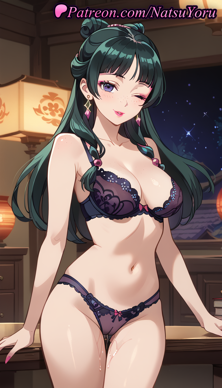 1girls ;) ai_generated anime anime_style bangs bare_arms bare_shoulders black_bra black_panties blush bow bow_bra bra breasts bust busty cameltoe cleavage collarbone cowboy_shot earrings eyeshadow female female_focus female_only freckles green_hair hair_beads hair_bobbles hair_bun hair_ornament hentai indoors jewelry kusuriya_no_hitorigoto lace-trimmed_bra lamp lantern large_breasts lingerie lips lipstick long_hair looking_at_viewer makeup maomao_(kusuriya_no_hitorigoto) medium_breasts nail_polish natsuyoru navel night one_eye_closed panties parted_lips pink_lips pink_nails purple_bra purple_eyes purple_panties pussy_juice pussy_juice_drip_through_clothes sky smile solo solo_female stomach thigh_gap thighs underwear underwear_only voluptuous voluptuous_female